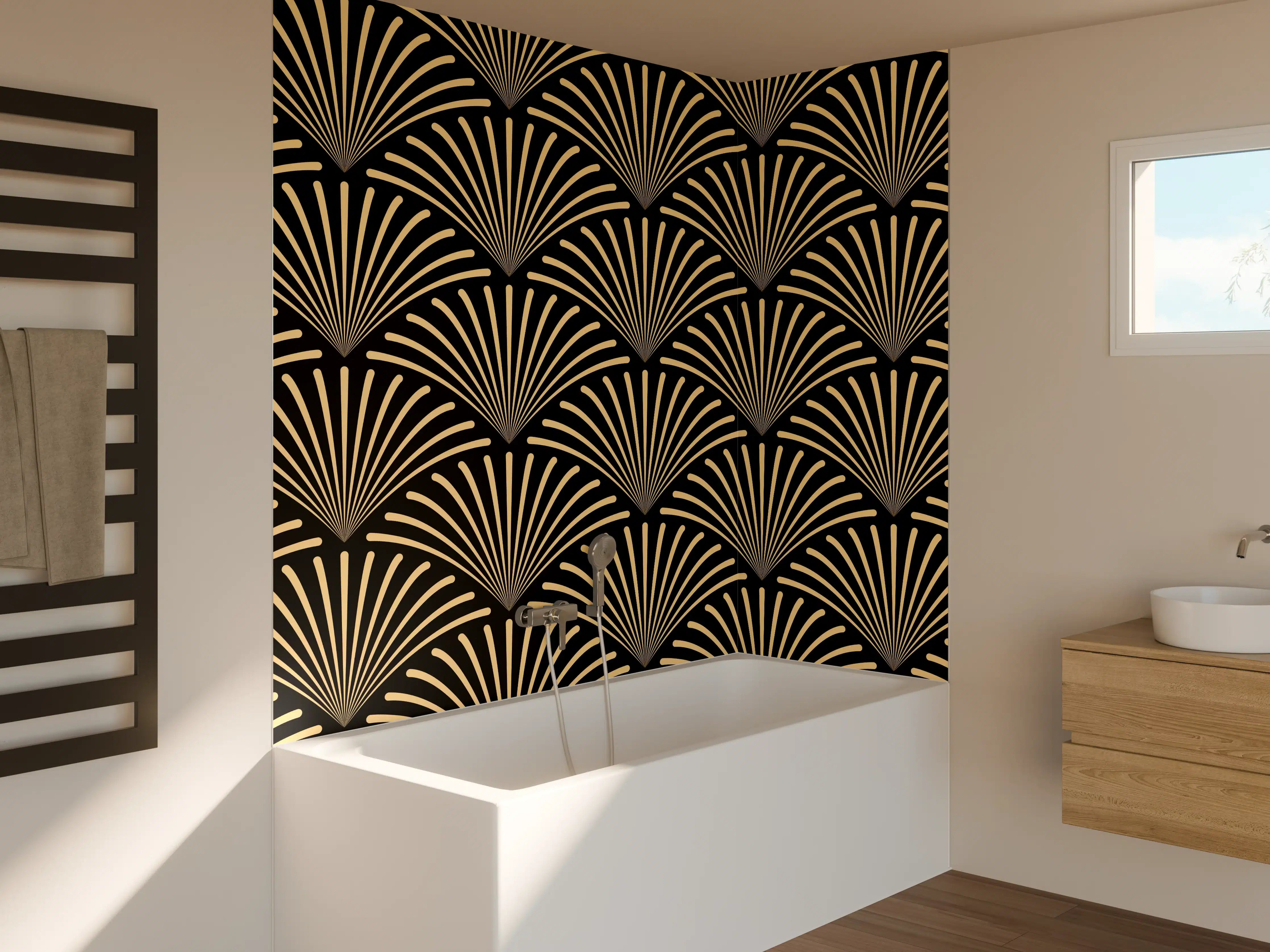 Badewannen-Rückwand - Schwarz-Goldenes Wellenmuster