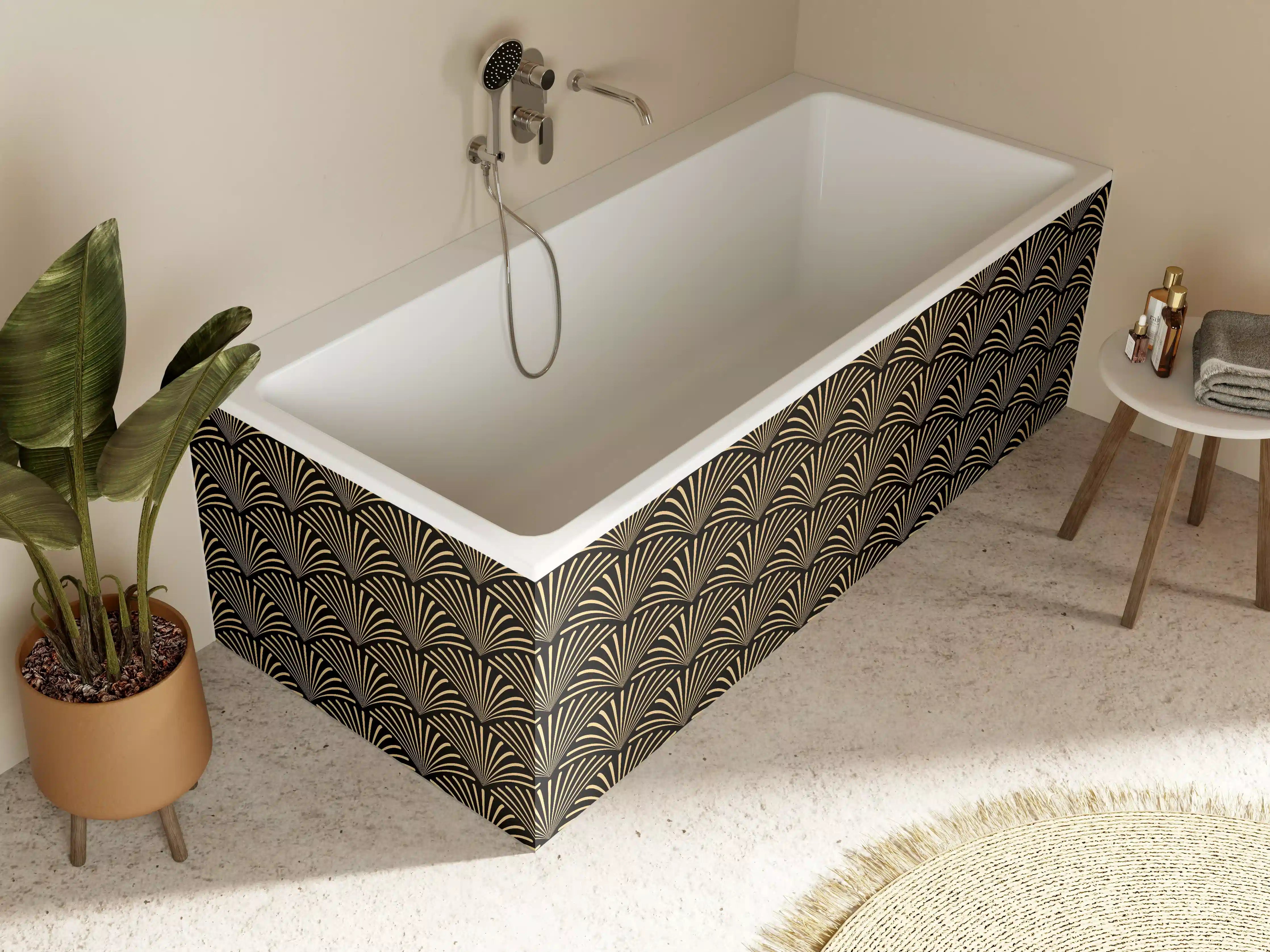 Badewannen-Rückwand - Schwarz-Goldenes Wellenmuster