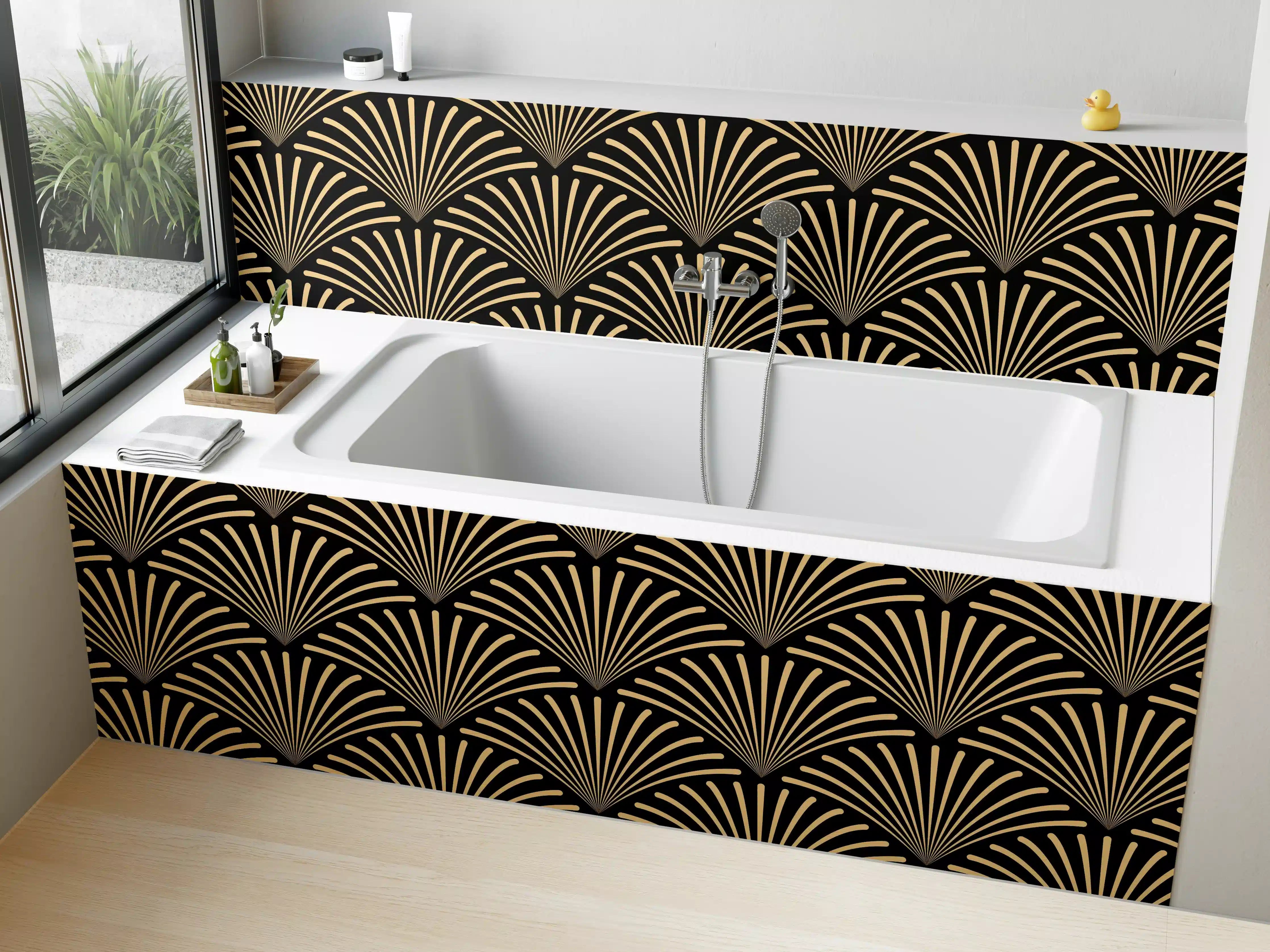 Badewannen-Rückwand - Schwarz-Goldenes Wellenmuster