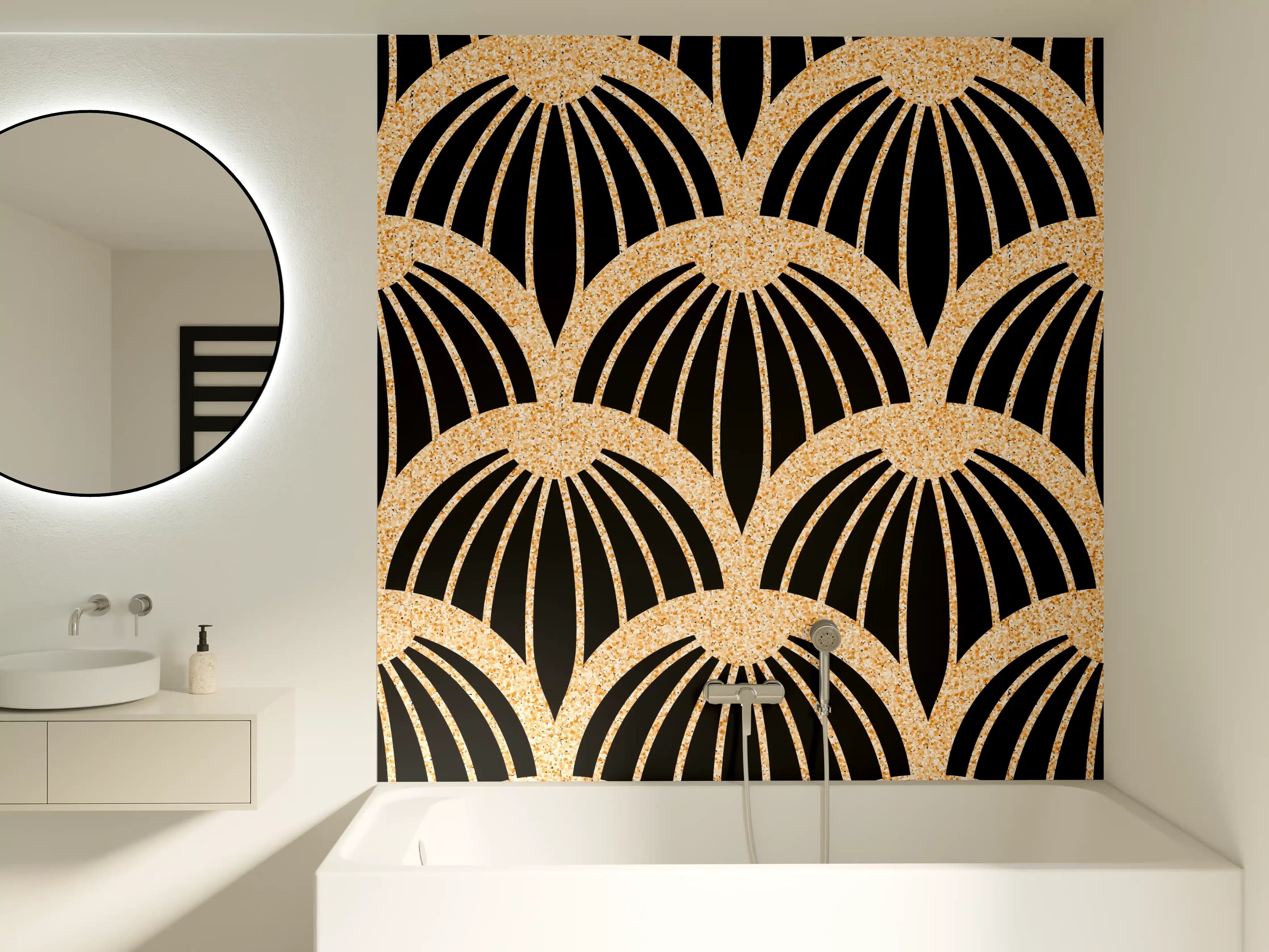 Badewannen-Rückwand - Schwarz-Goldnes Muster mit Art Deco Flair