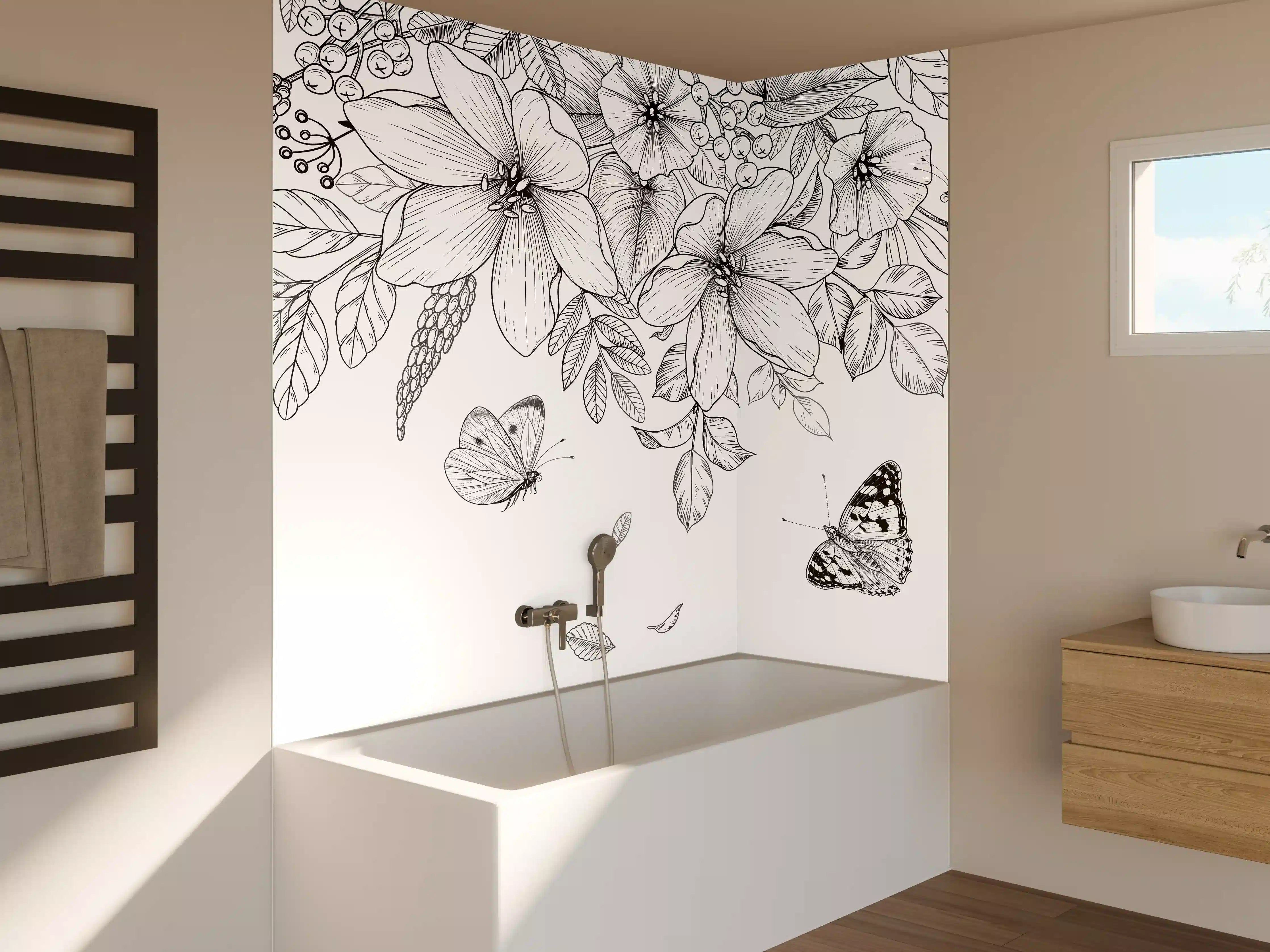 Badewannen-Rückwand - Schwarz-Weiß Floralzeichnung