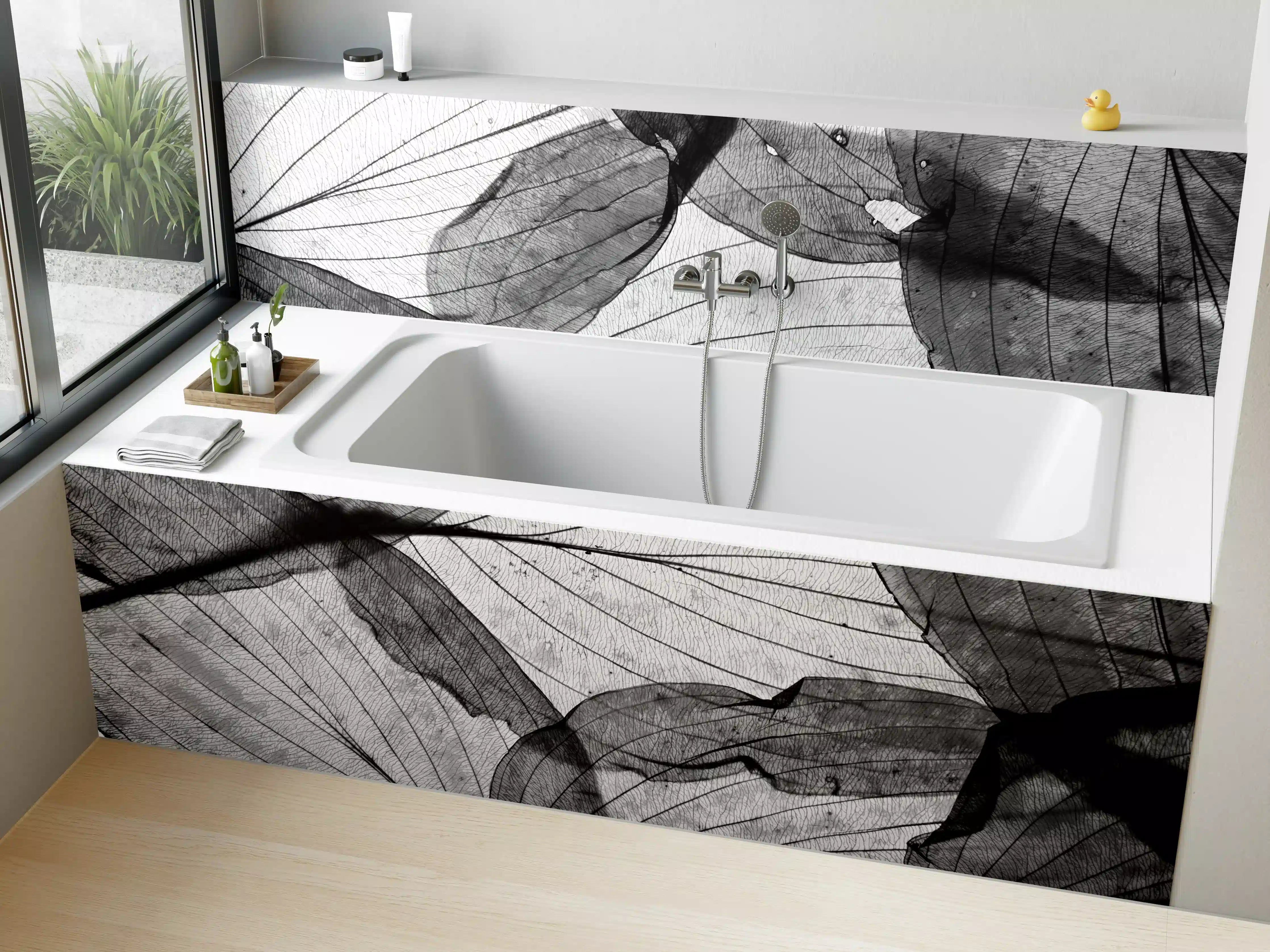 Badewannen-Rückwand - Schwarz-Weiß Herbstlaub Textur