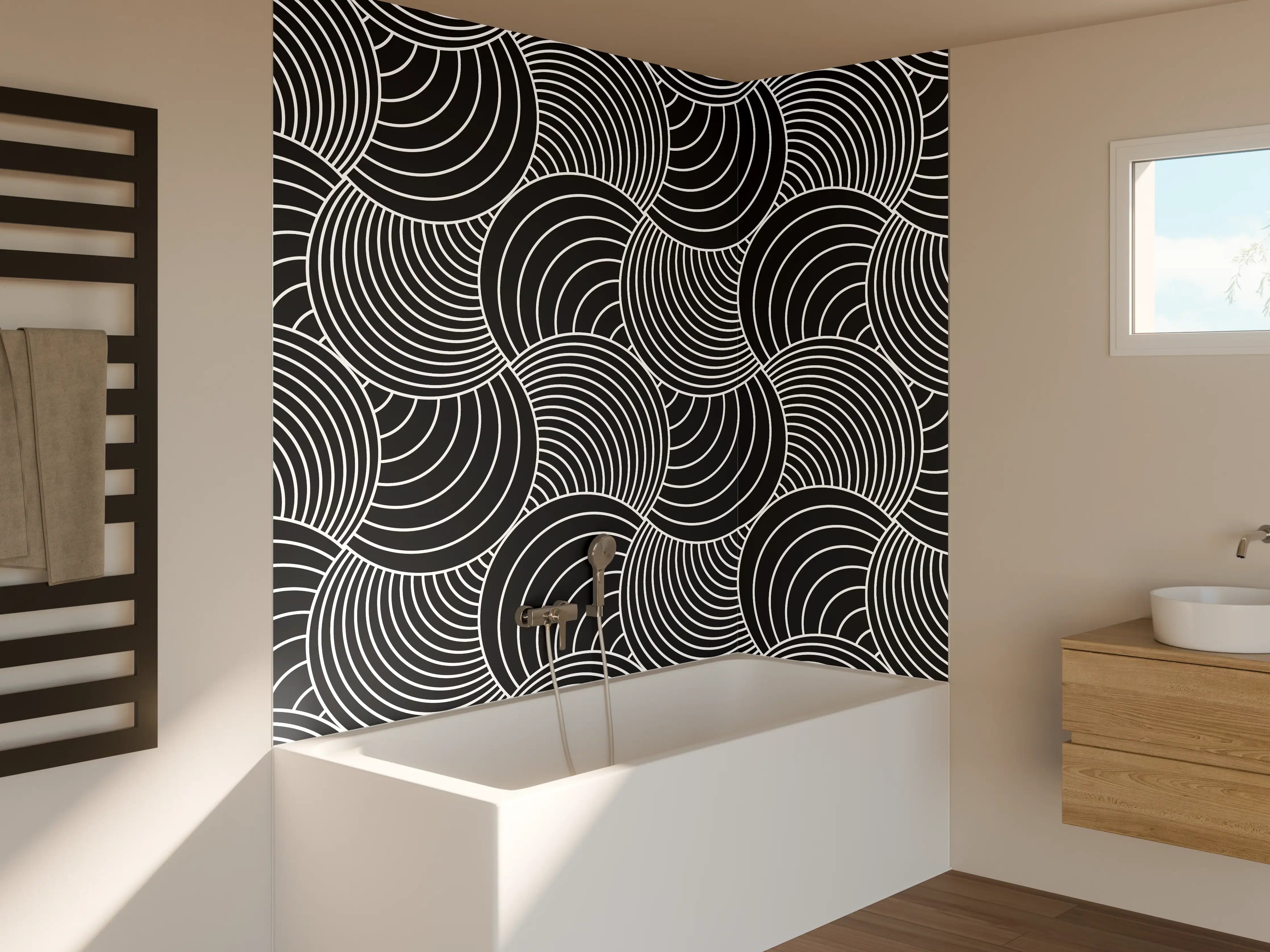Badewannen-Rückwand - Schwarz-Weiß-Kreisdesign