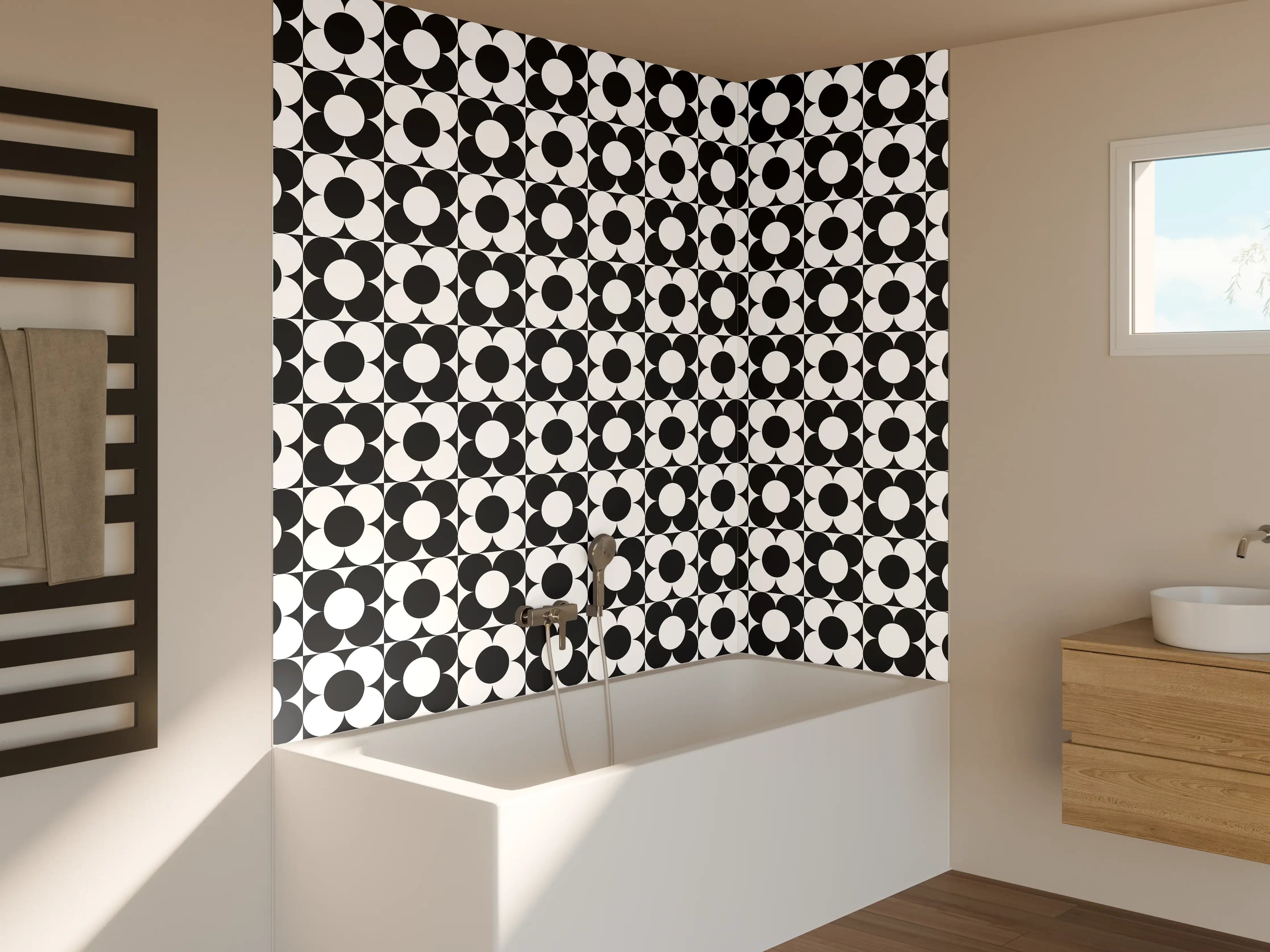 Badewannen-Rückwand - Schwarz-Weiß-Muster mit geometrischen Formen