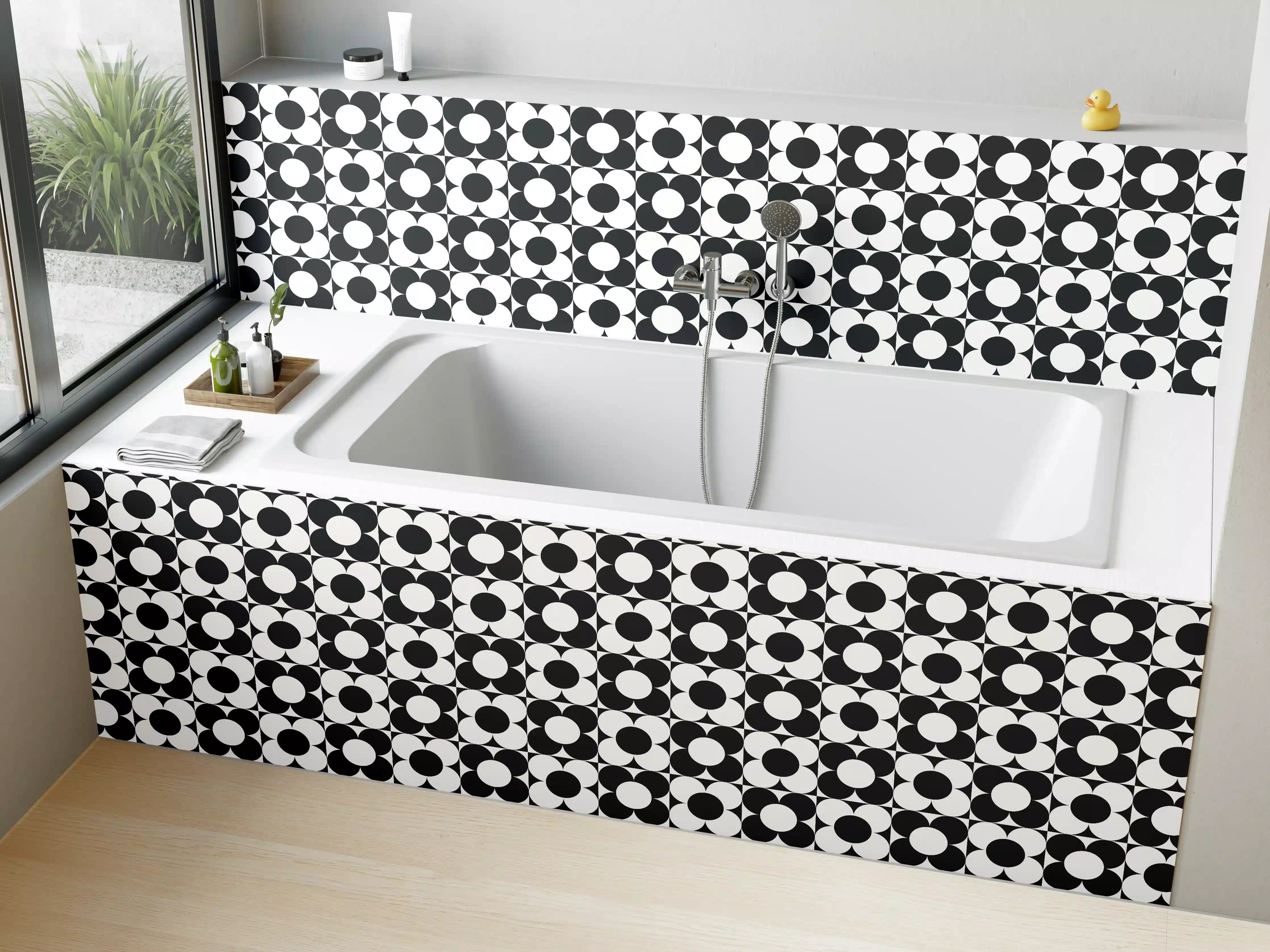 Badewannen-Rückwand - Schwarz-Weiß-Muster mit geometrischen Formen