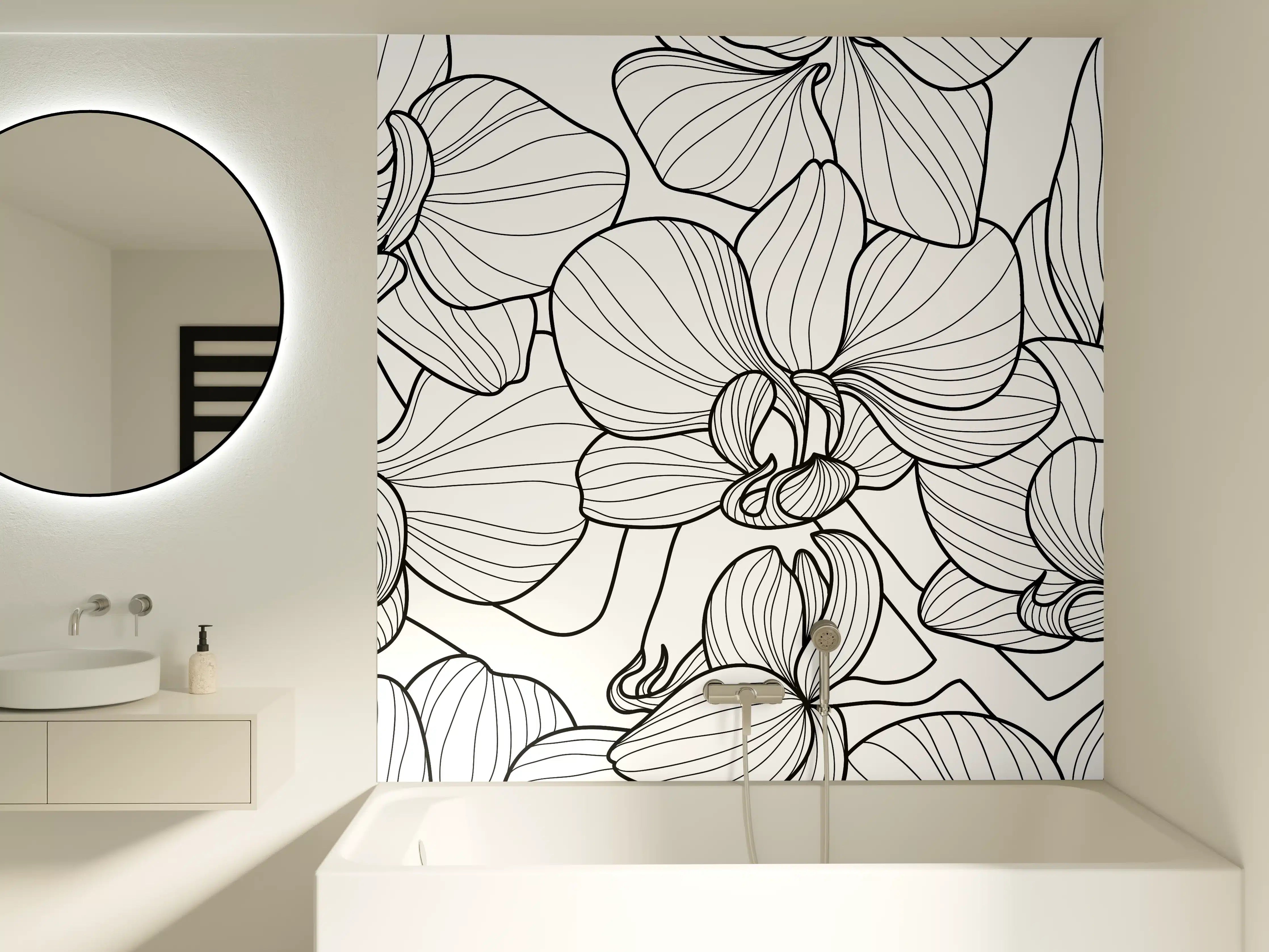 Badewannen-Rückwand - Schwarz-Weiß Orchideenzeichnung