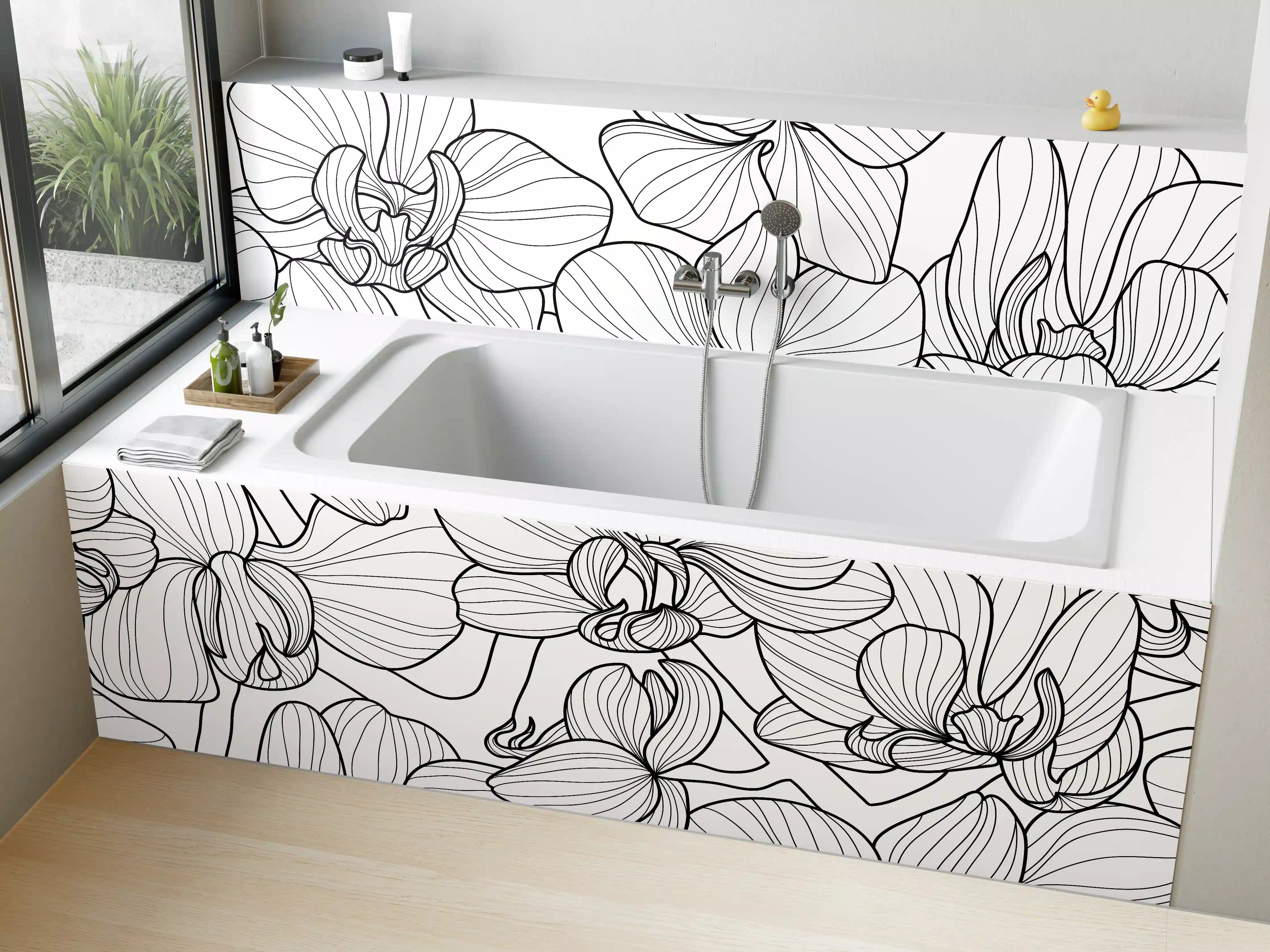 Badewannen-Rückwand - Schwarz-Weiß Orchideenzeichnung