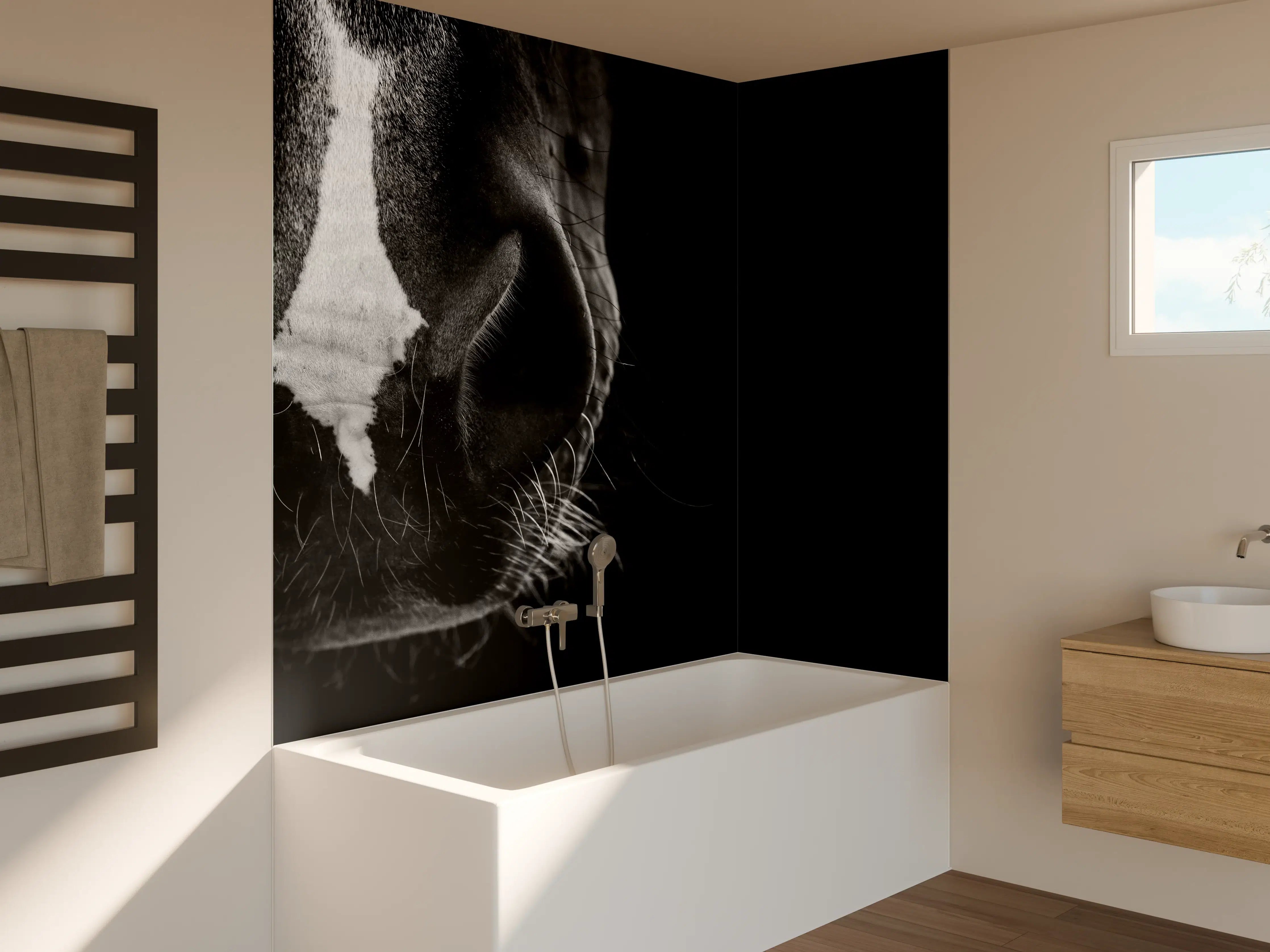 Badewannen-Rückwand - Schwarz-Weiß Pferd Nahaufnahme