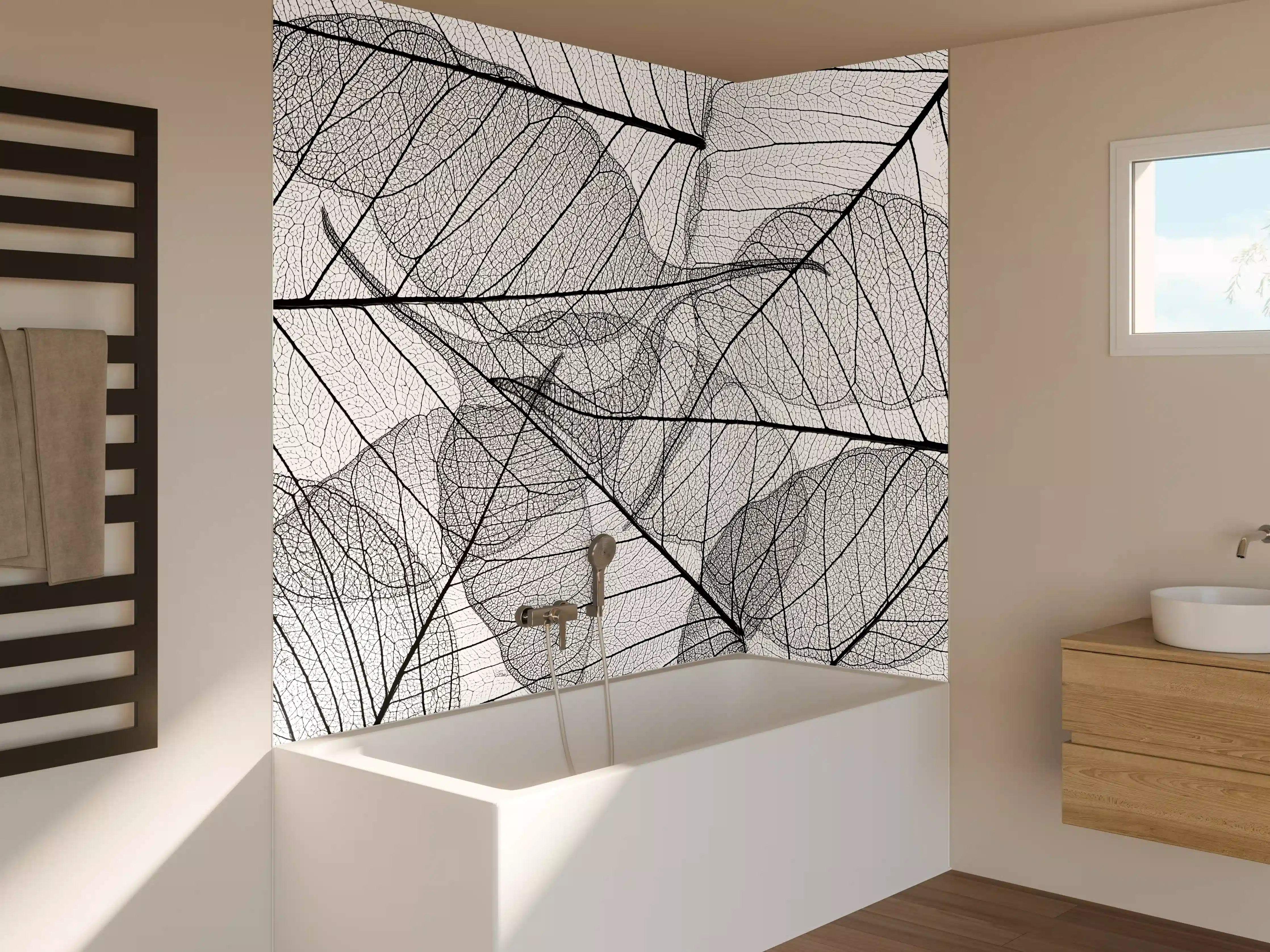 Badewannen-Rückwand - Schwarz-Weiße Blatttextur