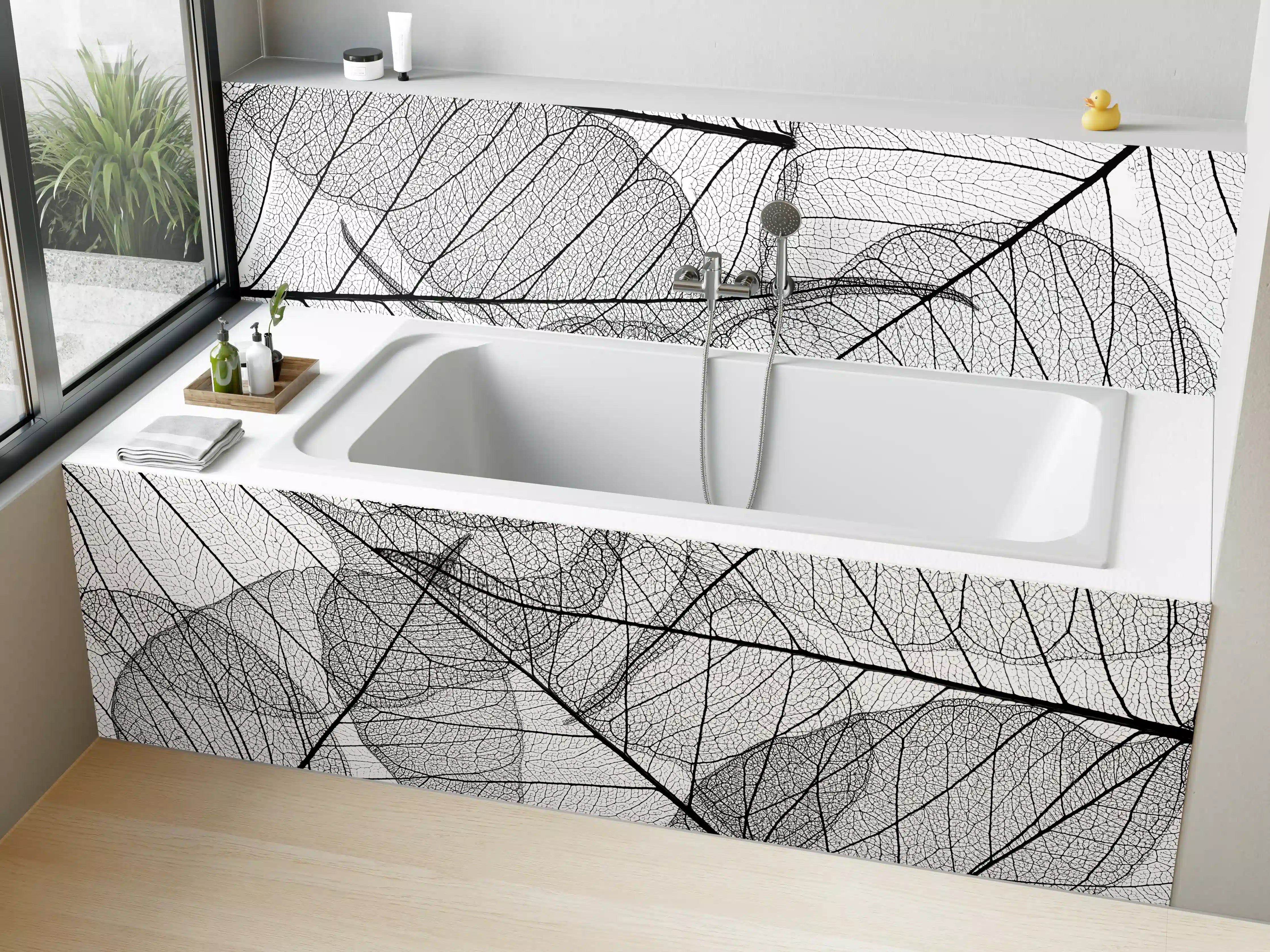 Badewannen-Rückwand - Schwarz-Weiße Blatttextur