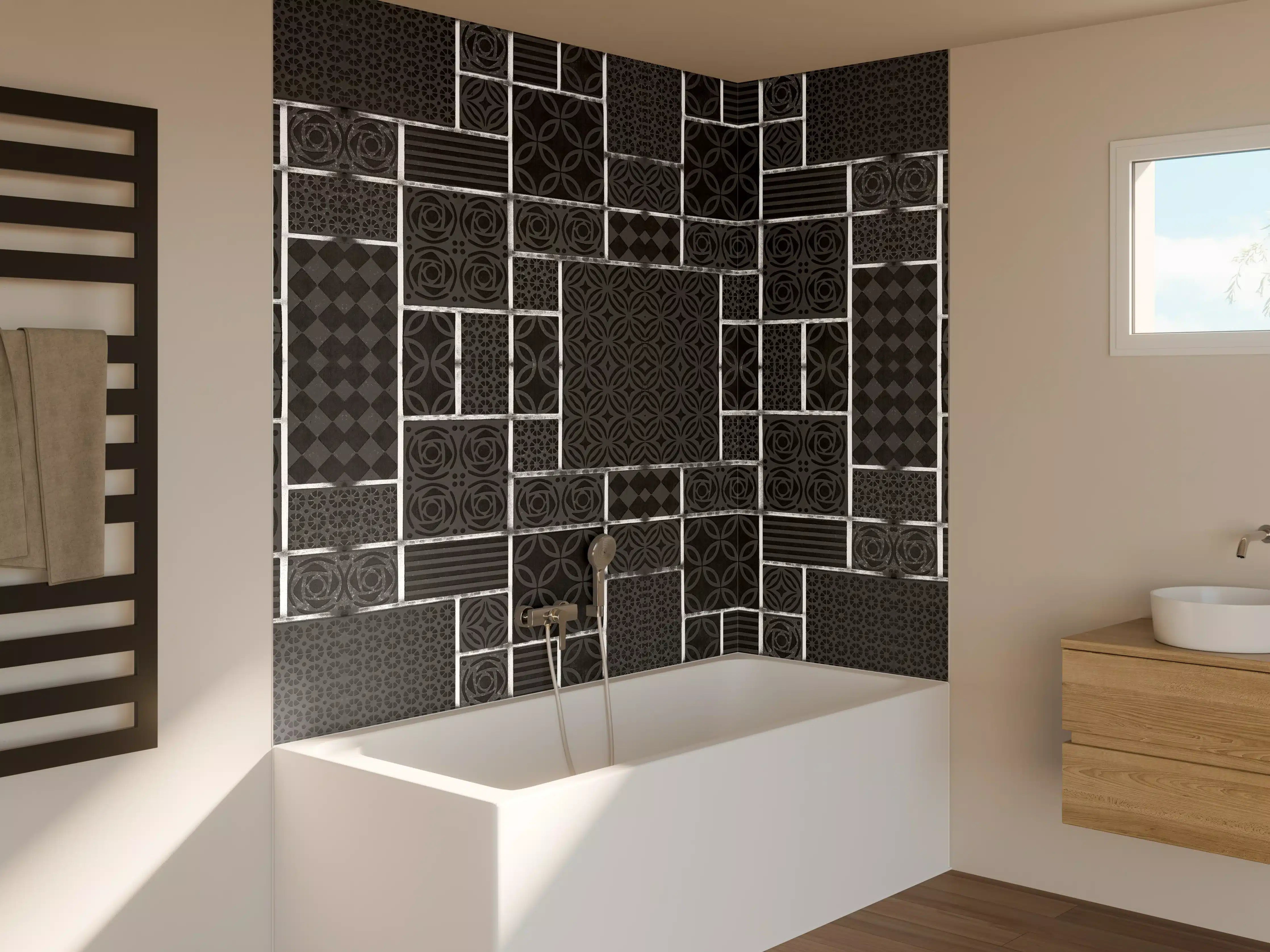 Badewannen-Rückwand - Schwarz geometrische Fliesen