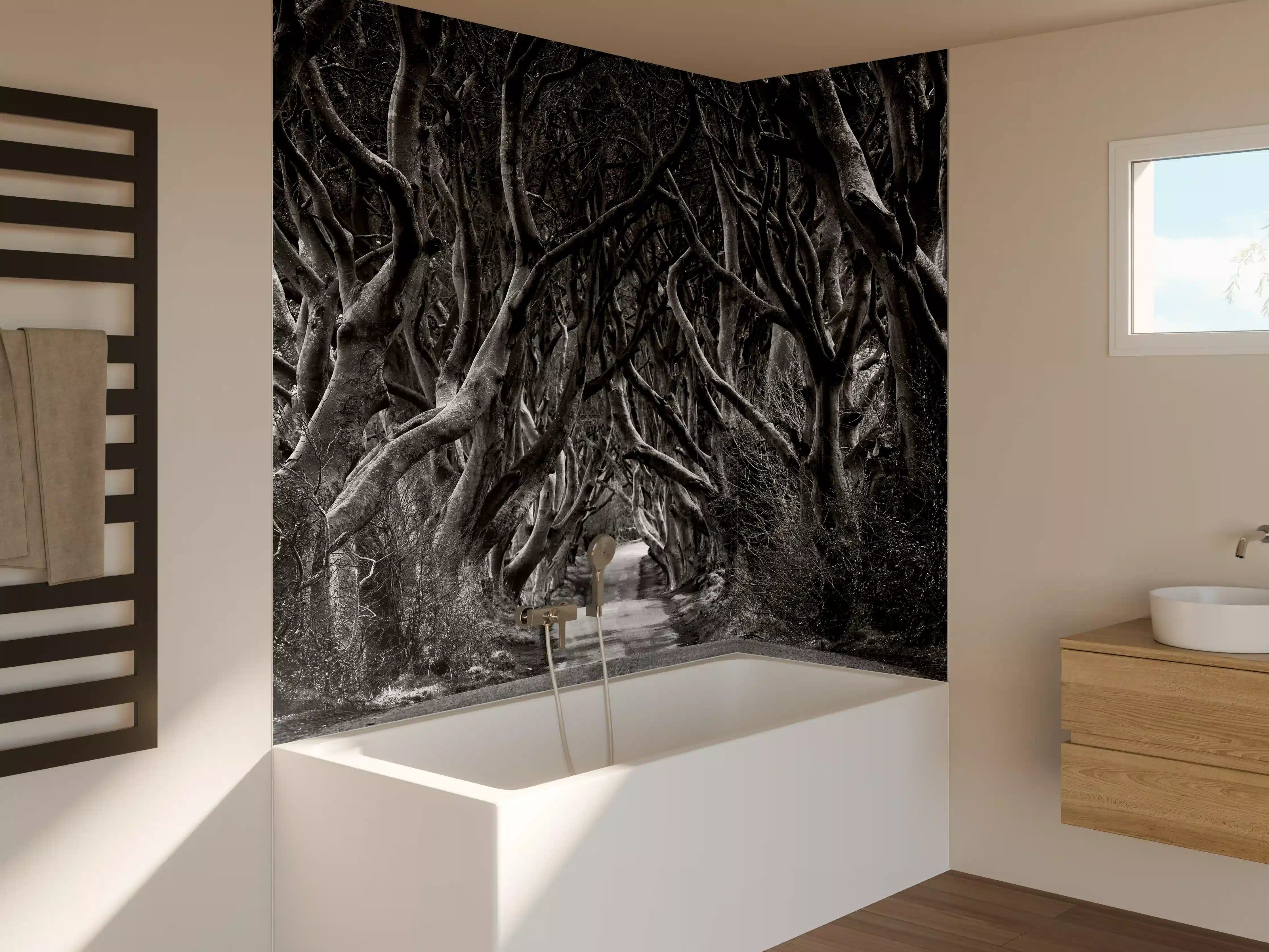 Badewannen-Rückwand - Schwarz, weißer Waldweg
