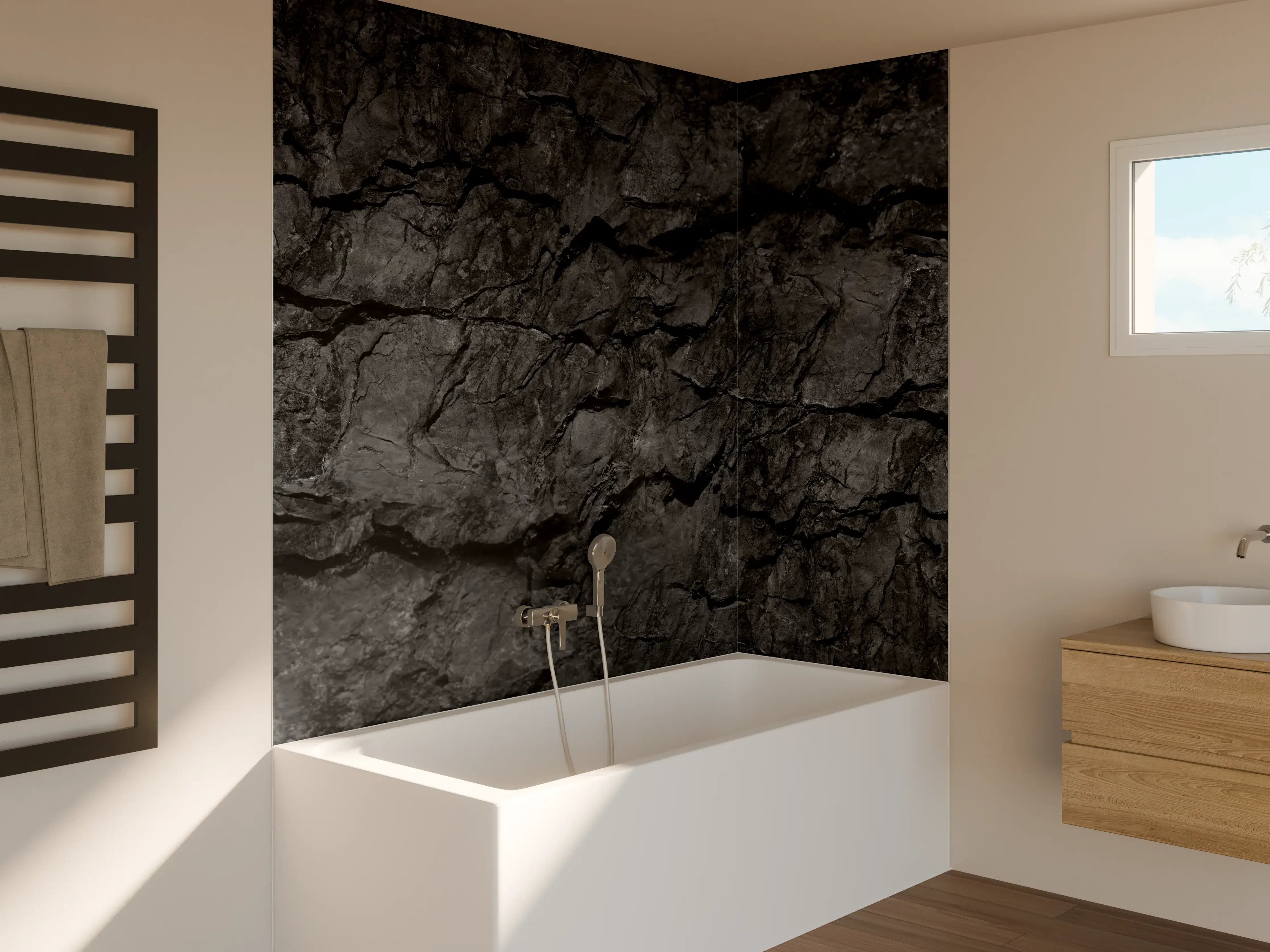 Badewannen-Rückwand - Schwarze Gesteinstextur mit Rissen