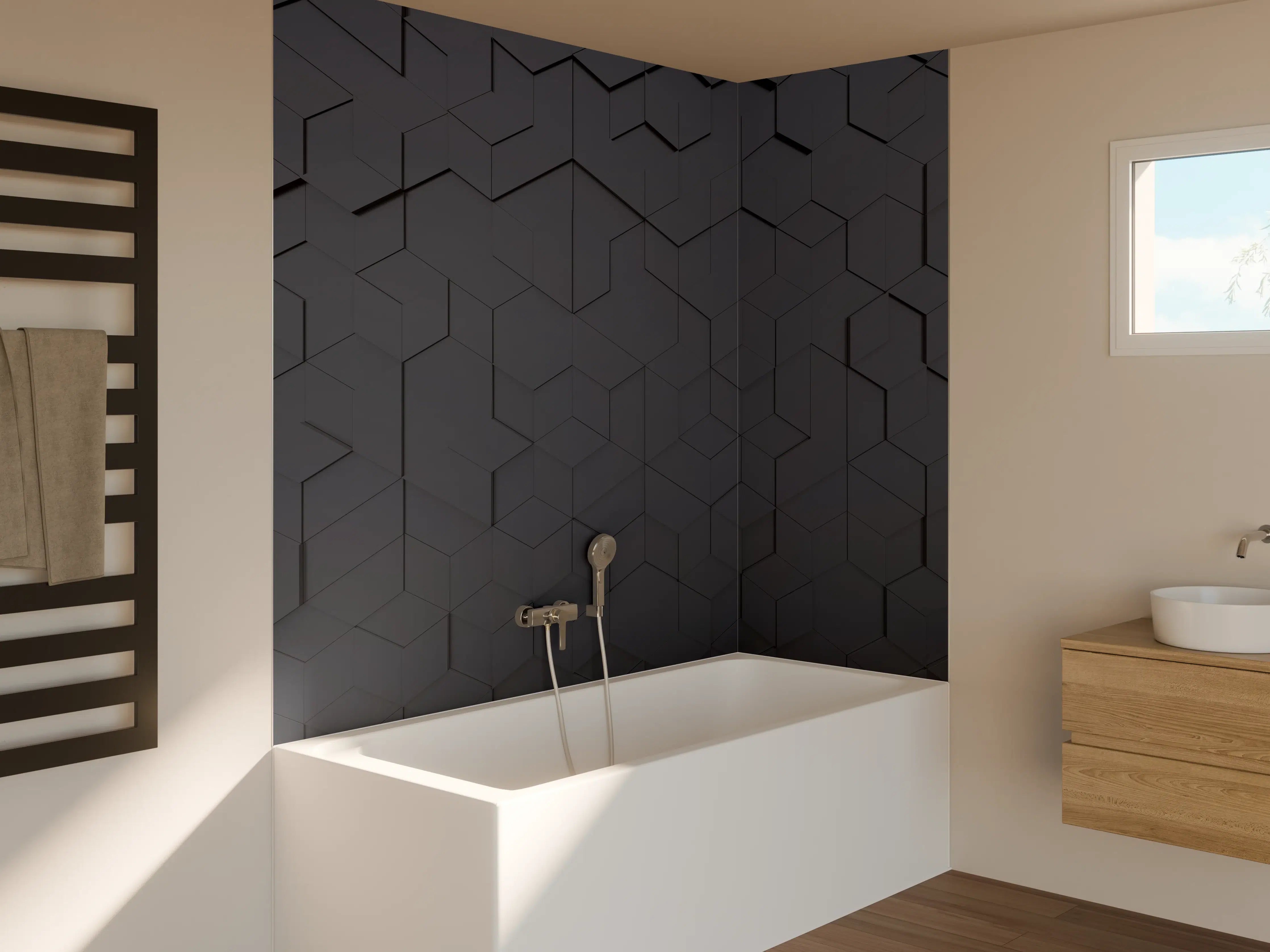 Badewannen-Rückwand - Schwarze Hexagon-Tech-Struktur