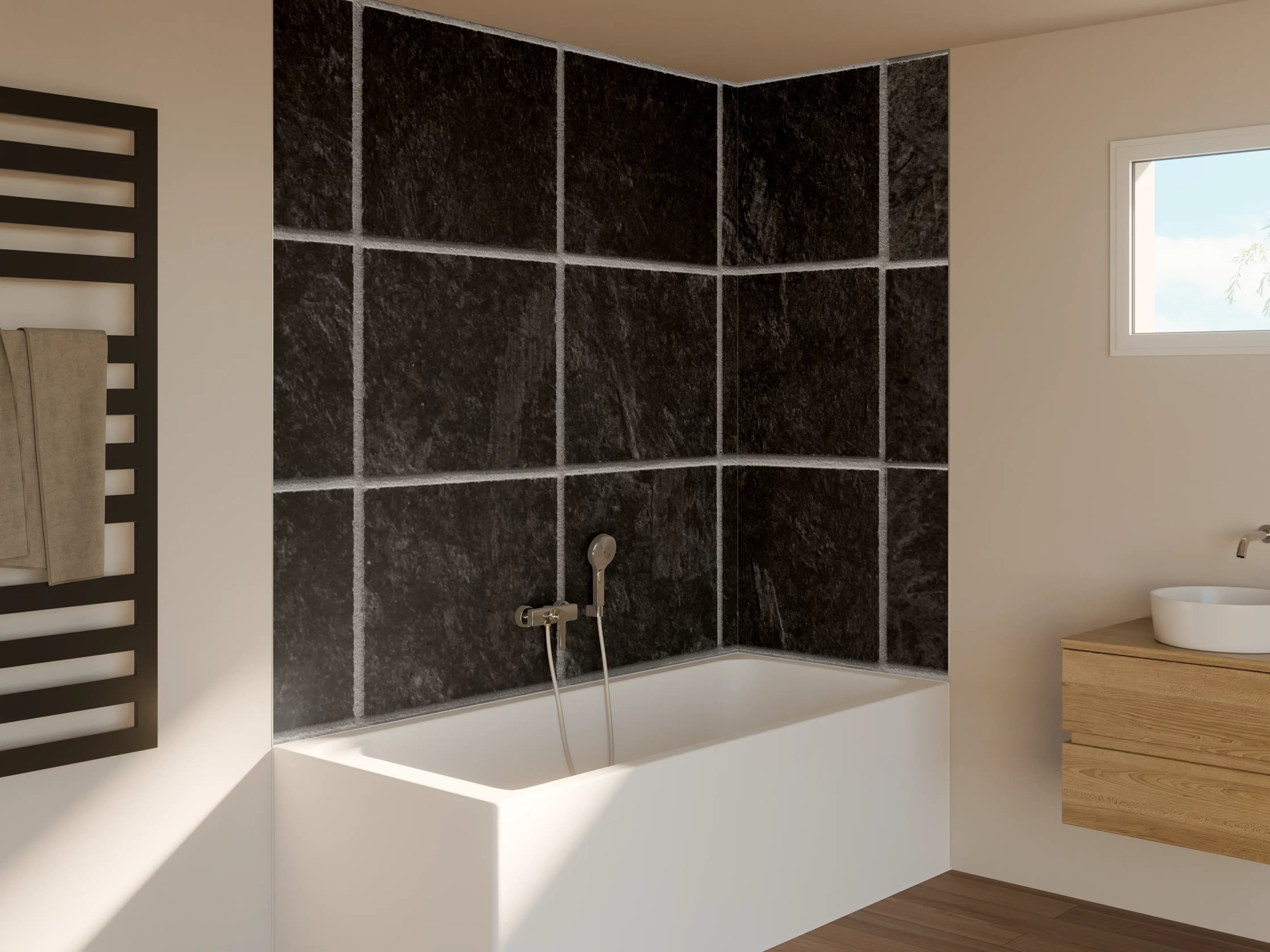 Badewannen-Rückwand - Schwarze Mosaikfliesen mit strukturierter Oberfläche