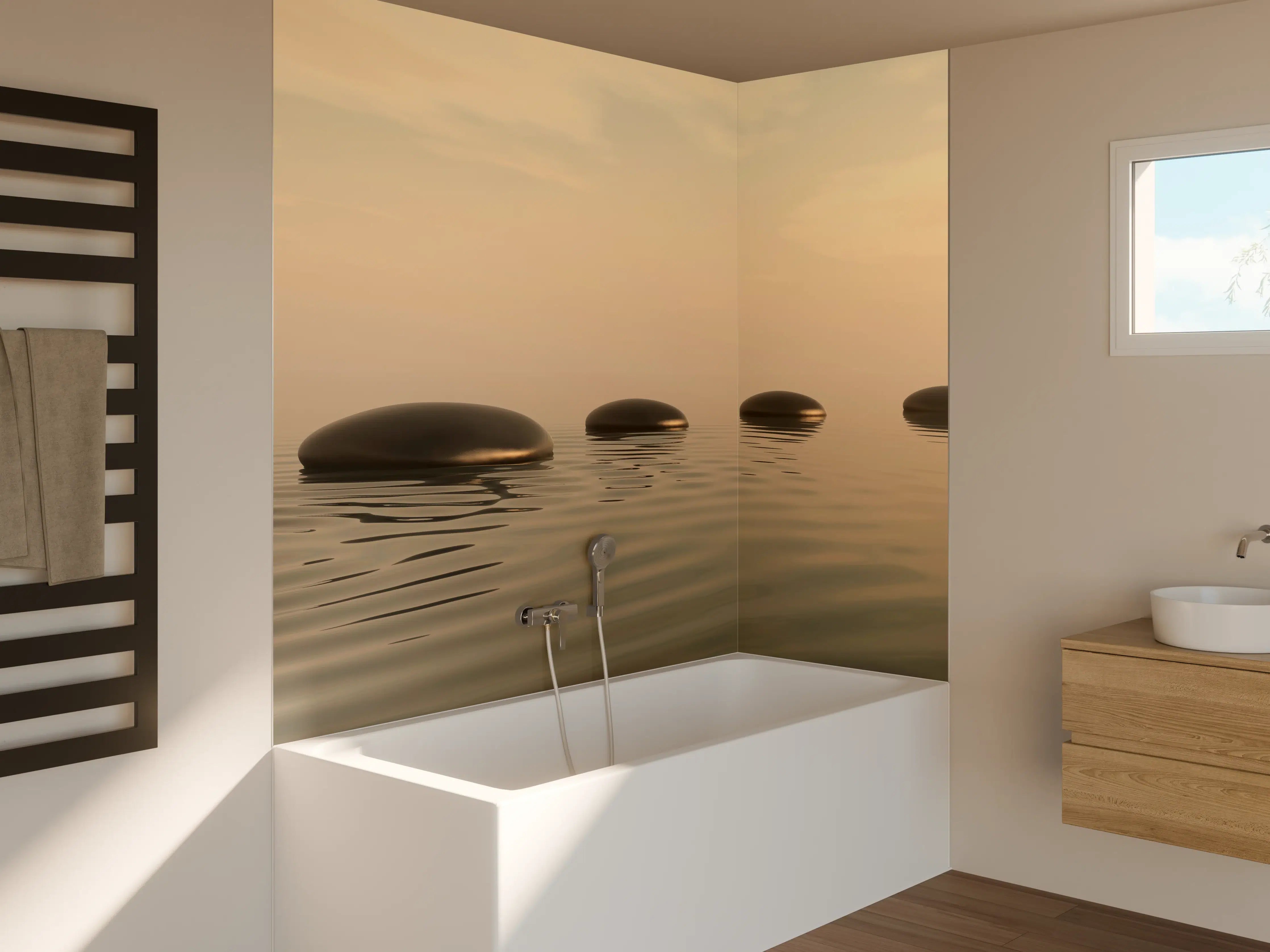 Badewannen-Rückwand - Schwarze Zen-Steine auf ruhigem Beige
