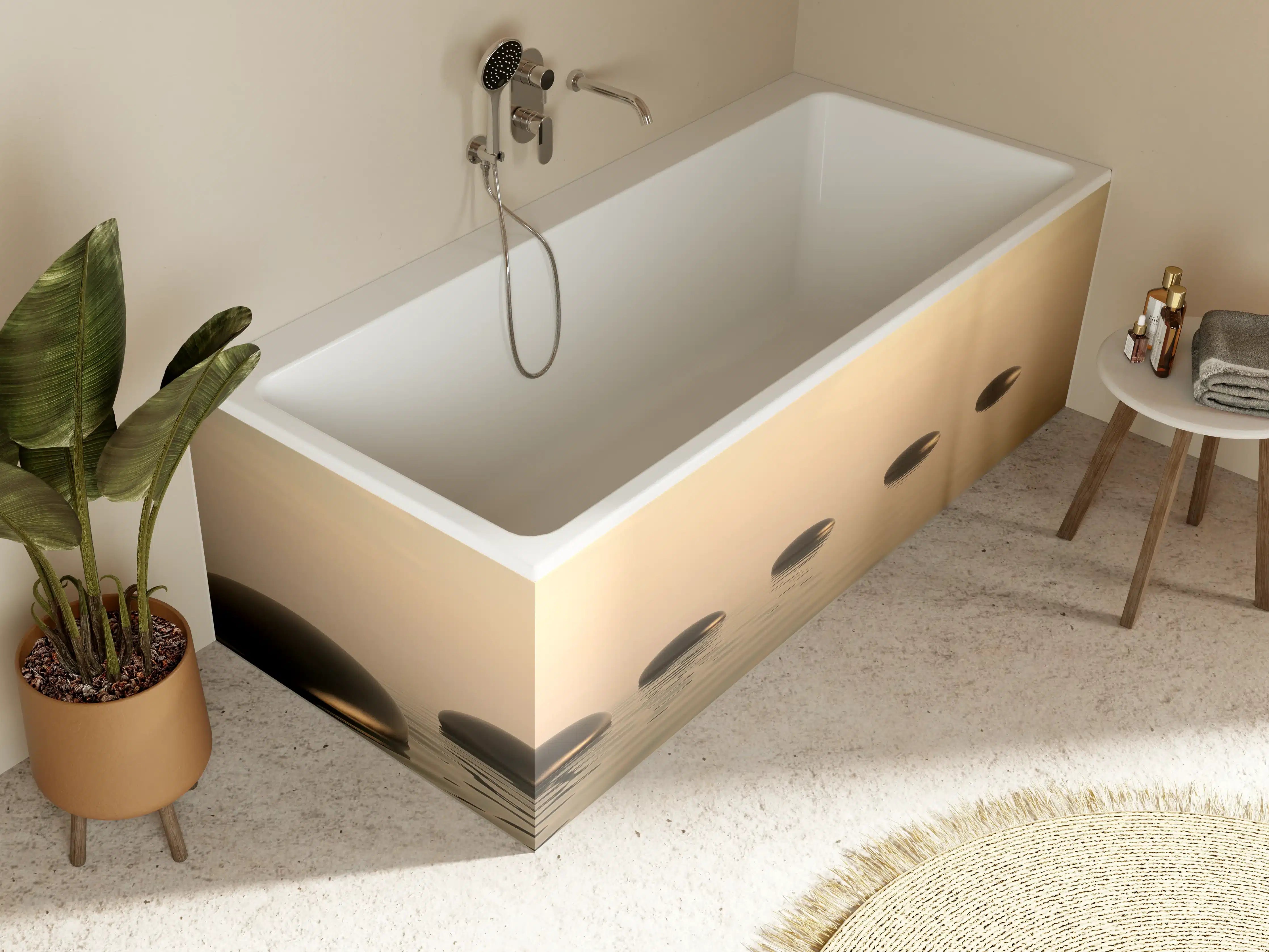 Badewannen-Rückwand - Schwarze Zen-Steine auf ruhigem Beige