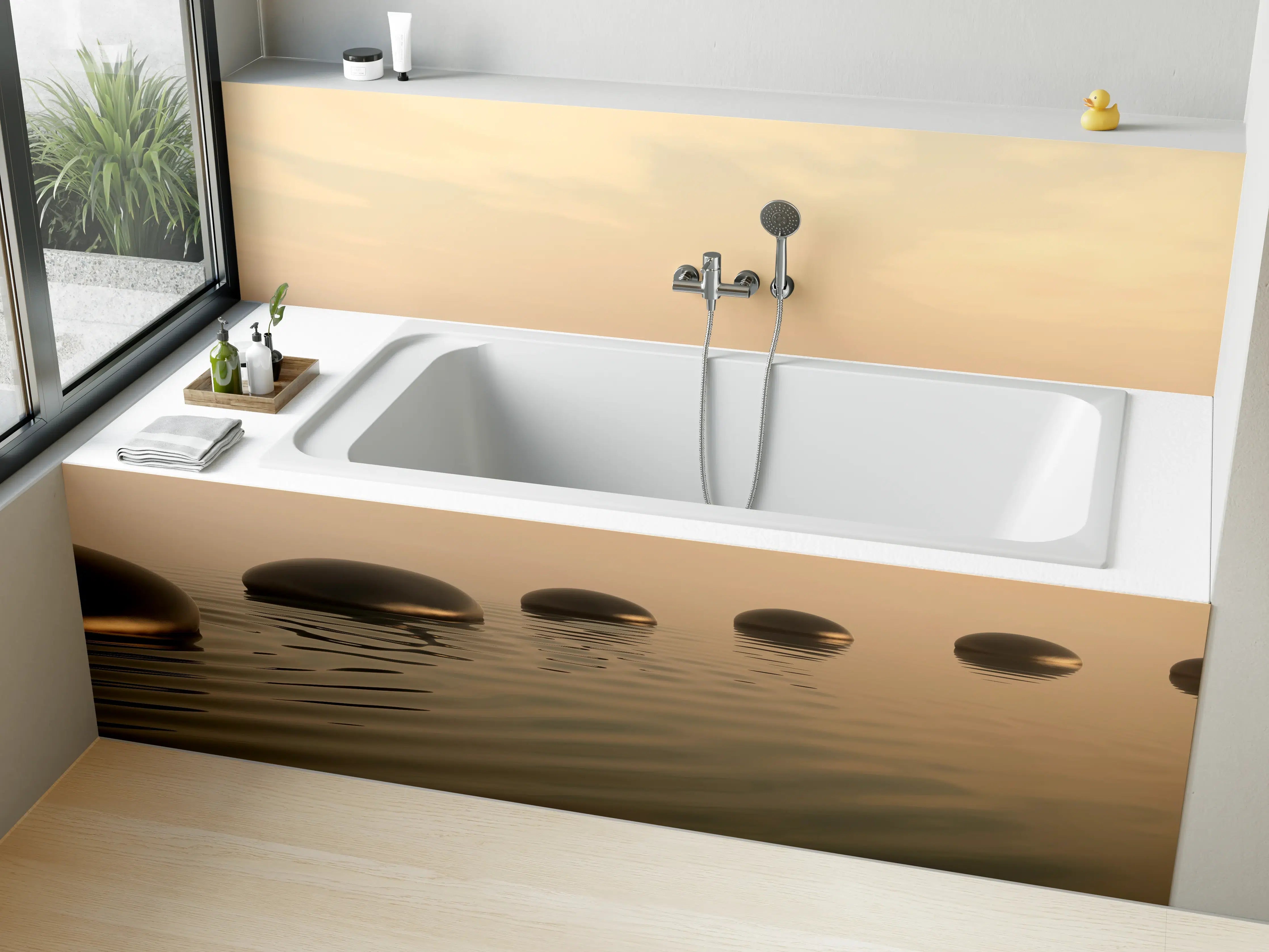 Badewannen-Rückwand - Schwarze Zen-Steine auf ruhigem Beige