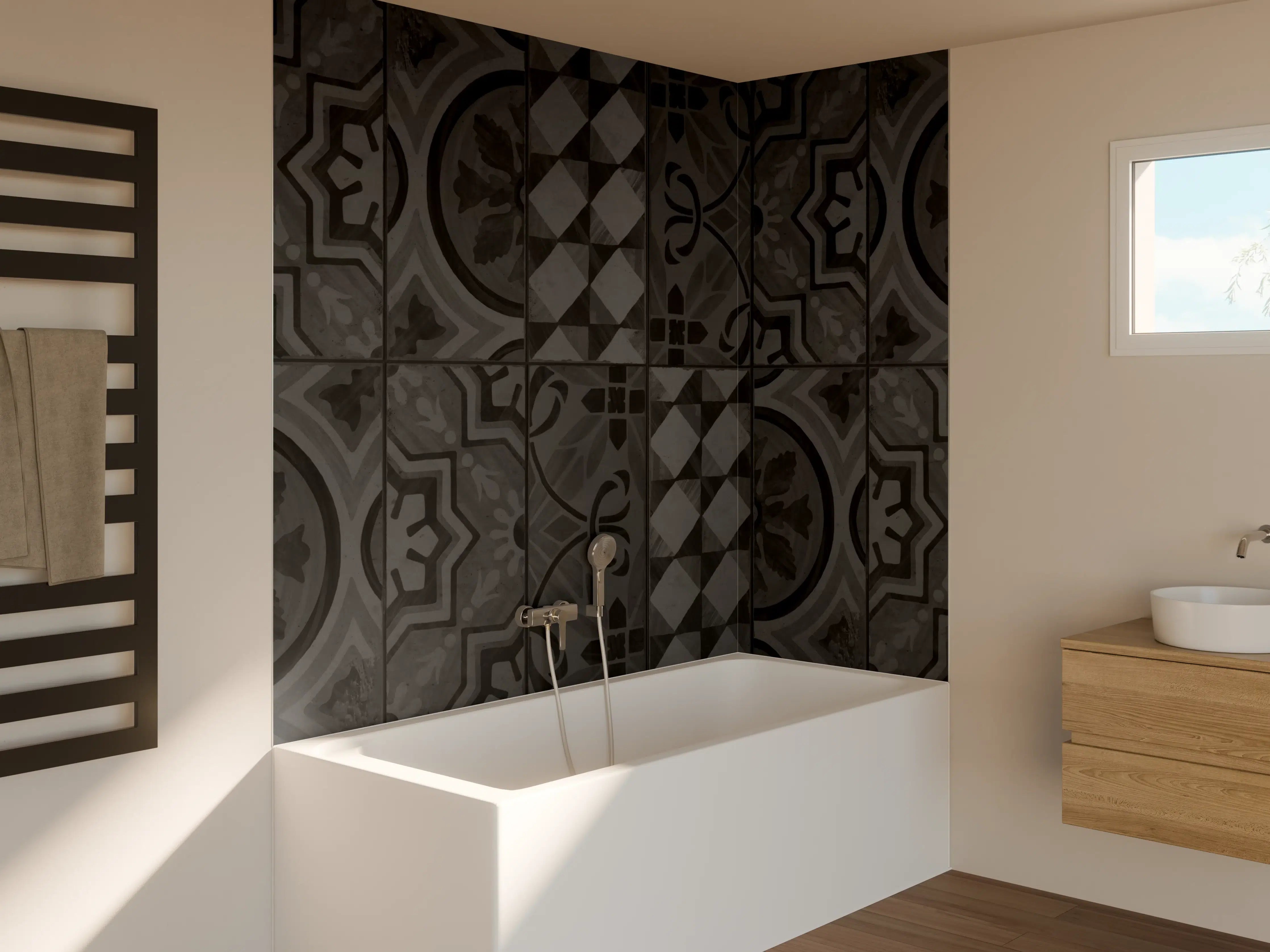 Badewannen-Rückwand - Schwarze geometrisch rechteckige Fliesen