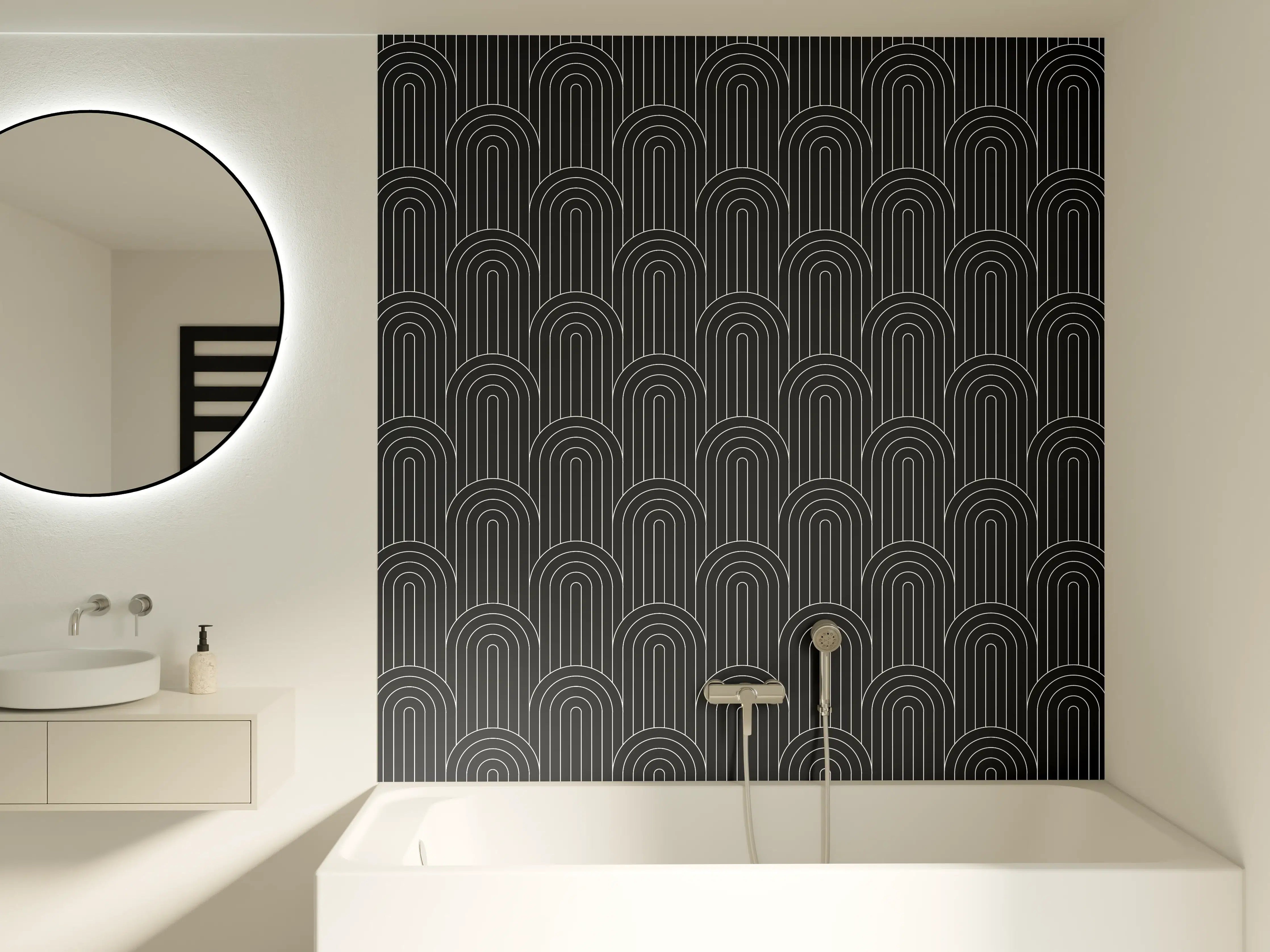 Badewannen-Rückwand - Schwarze geometrische Muster mit feiner Linienführung