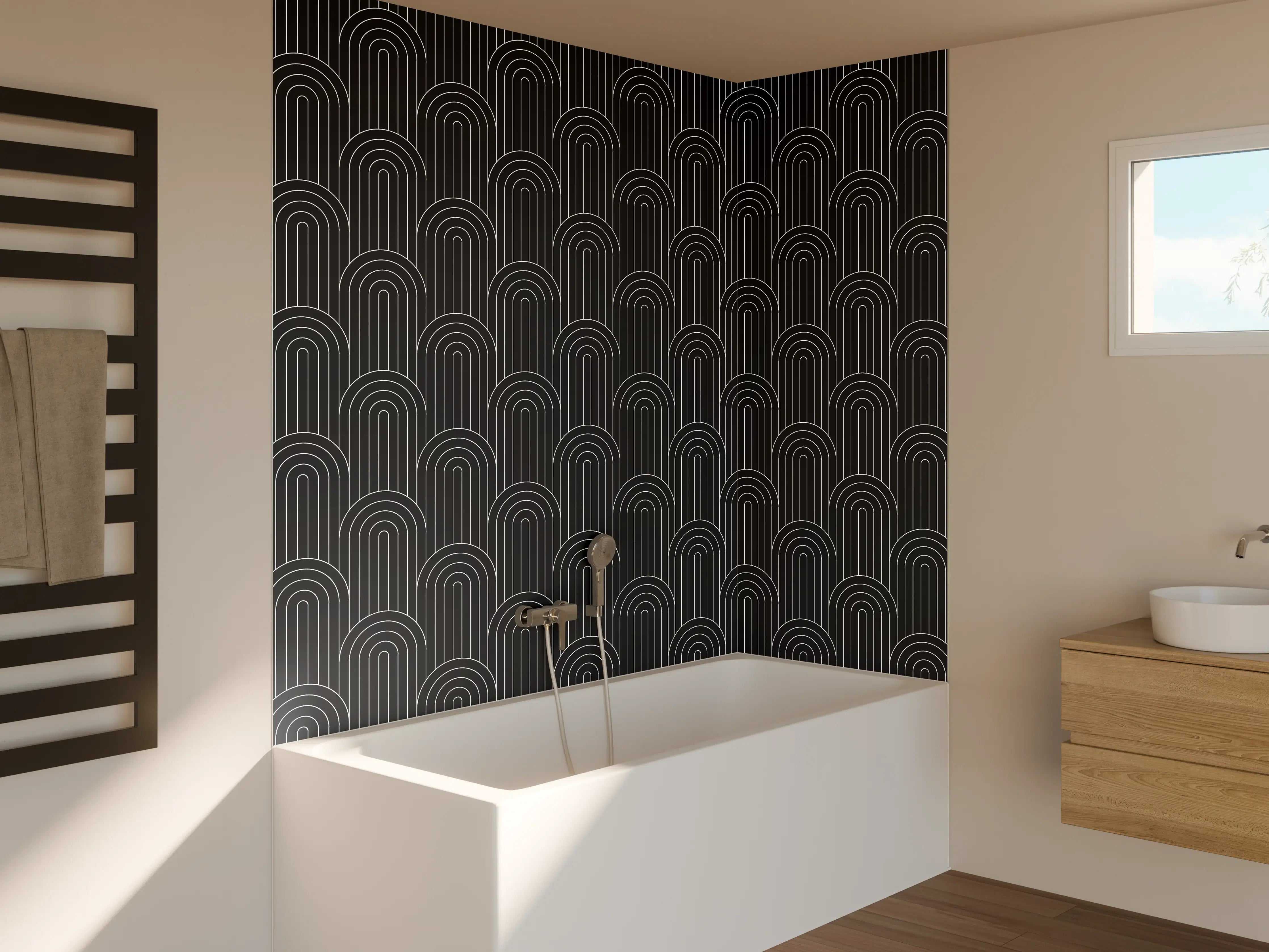 Badewannen-Rückwand - Schwarze geometrische Muster mit feiner Linienführung
