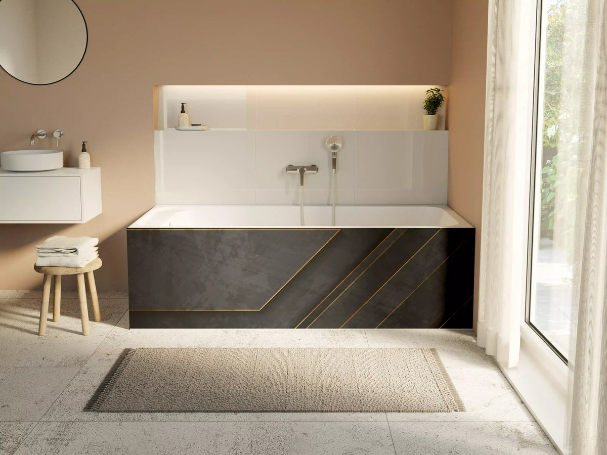 Badewannen-Rückwand - Schwarze, elegante Textur mit goldenen Akzenten