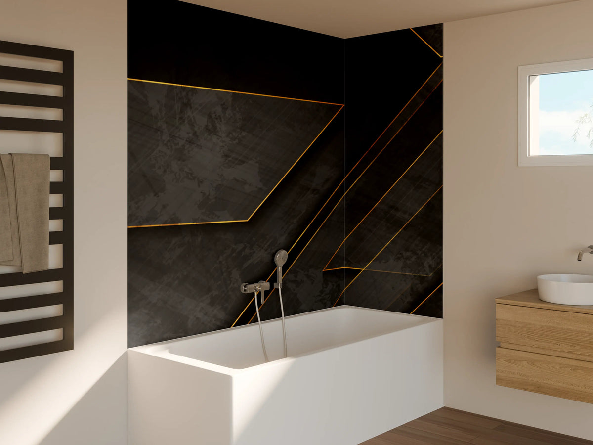 Badewannen-Rückwand - Schwarze, elegante Textur mit goldenen Akzenten