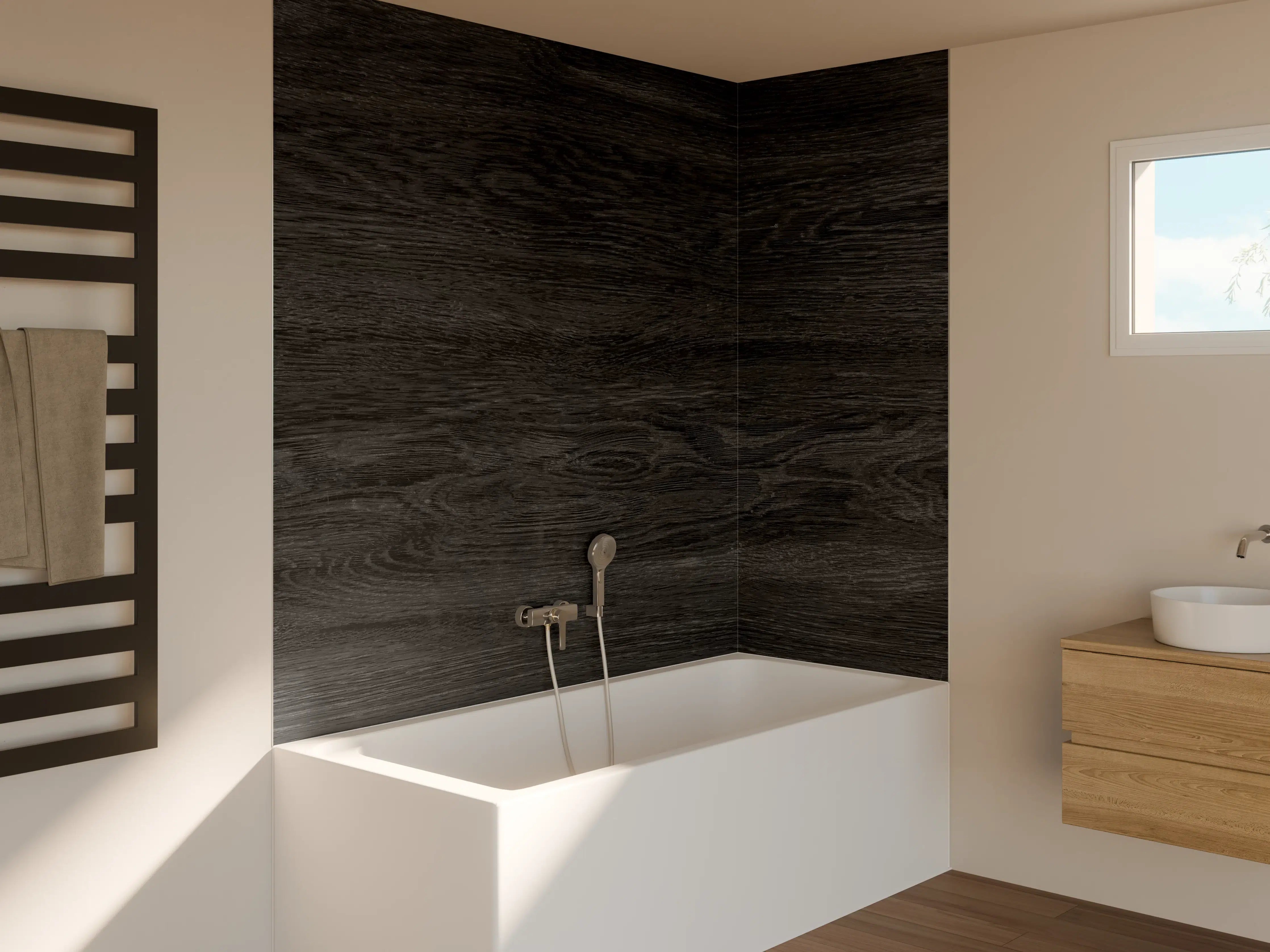 Badewannen-Rückwand - Schwarzes Holz Hintergrund