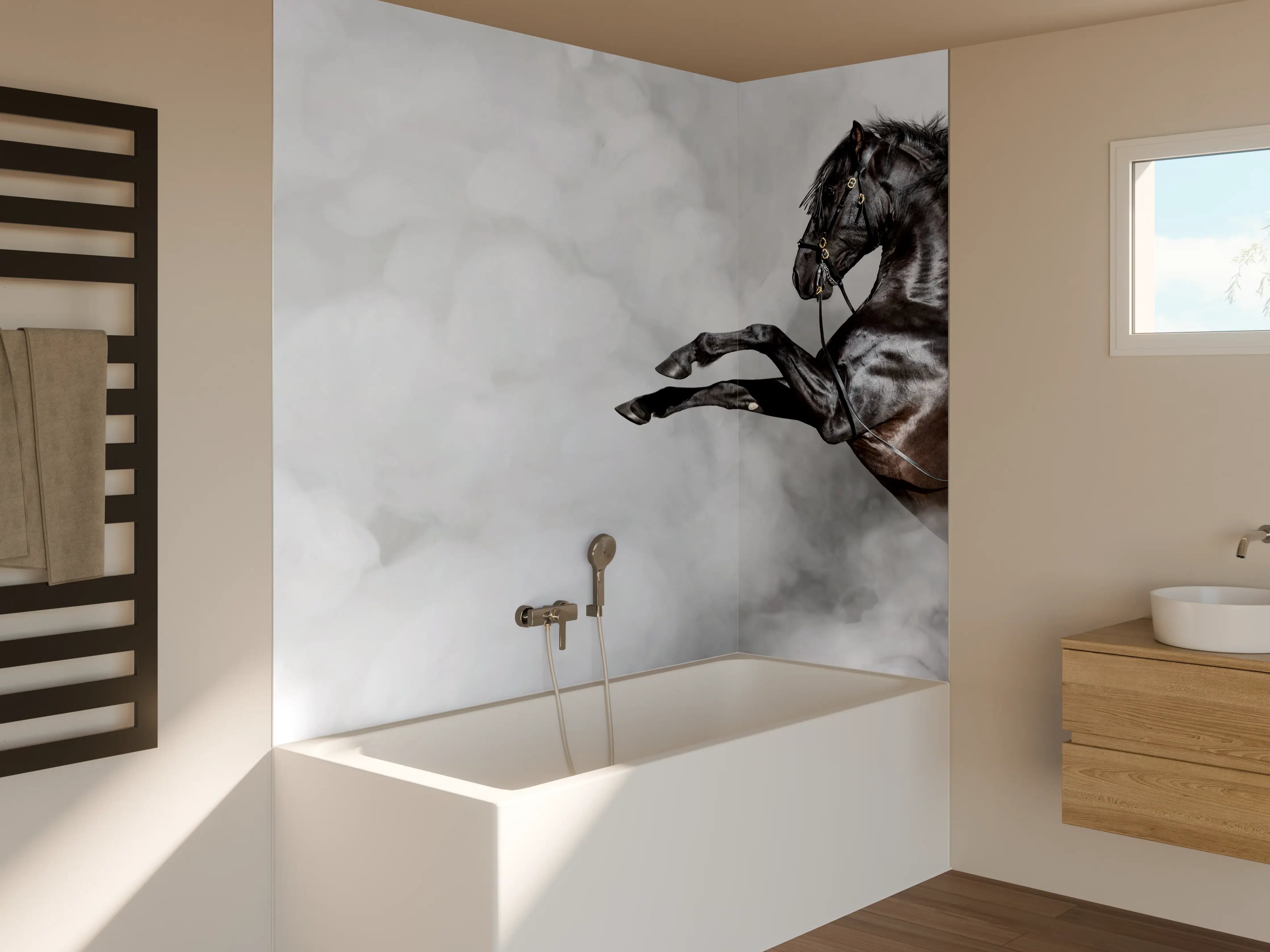 Badewannen-Rückwand - Schwarzes Pferd im Nebel Kunstbild