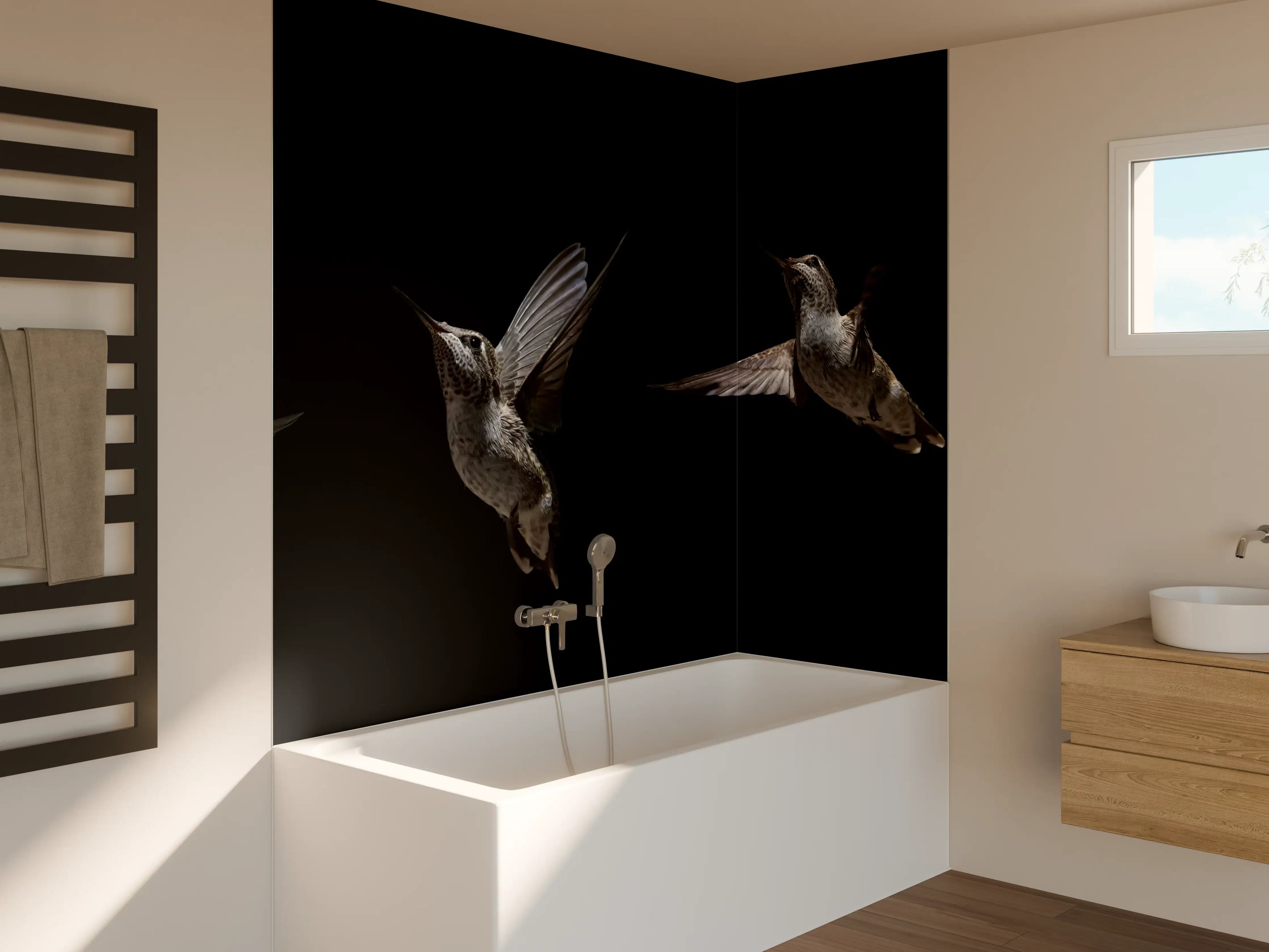 Badewannen-Rückwand - Schwarzkinnkolibri Vogel mit Schwarzem Hintergrund