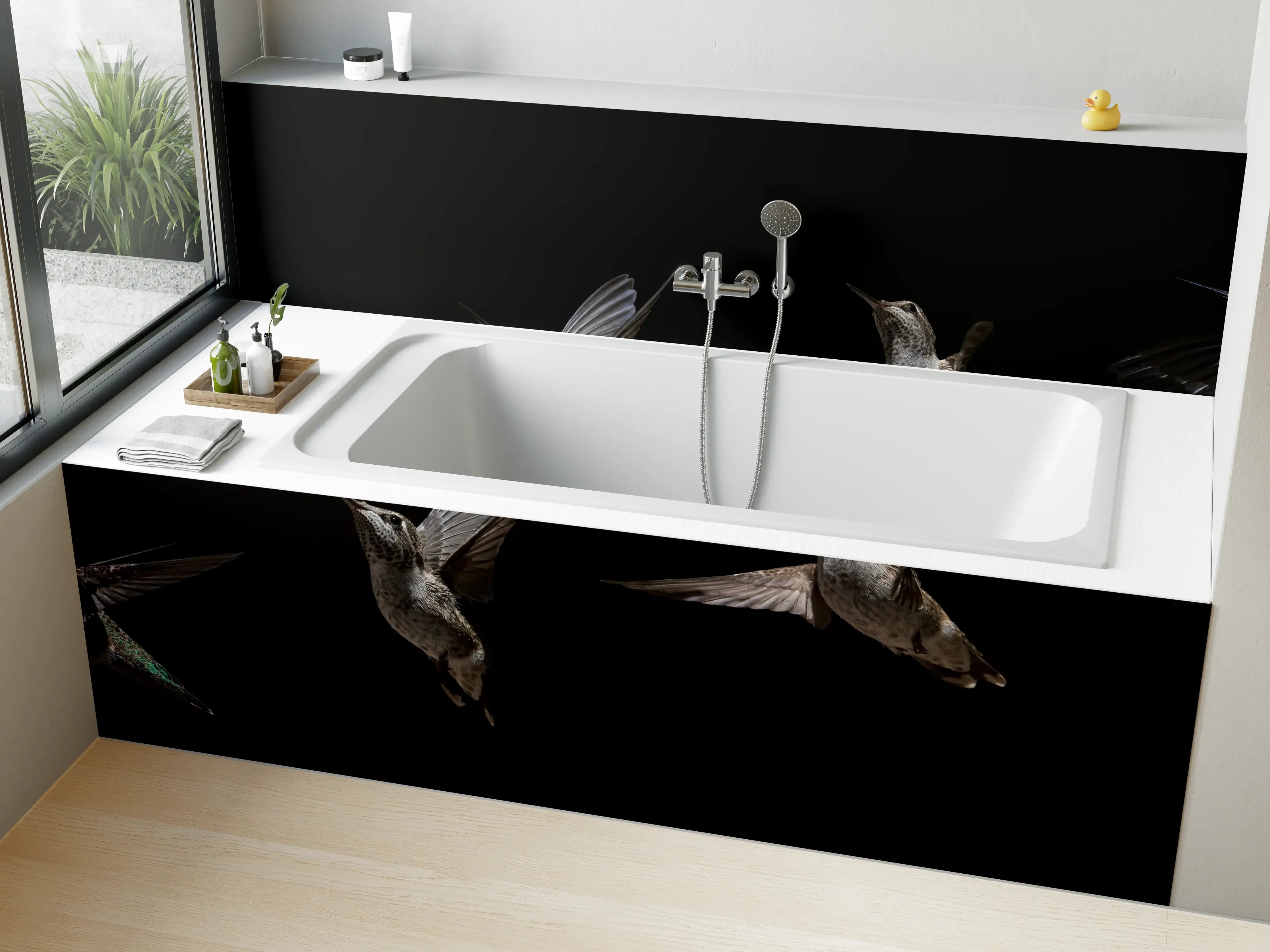 Badewannen-Rückwand - Schwarzkinnkolibri Vogel mit Schwarzem Hintergrund