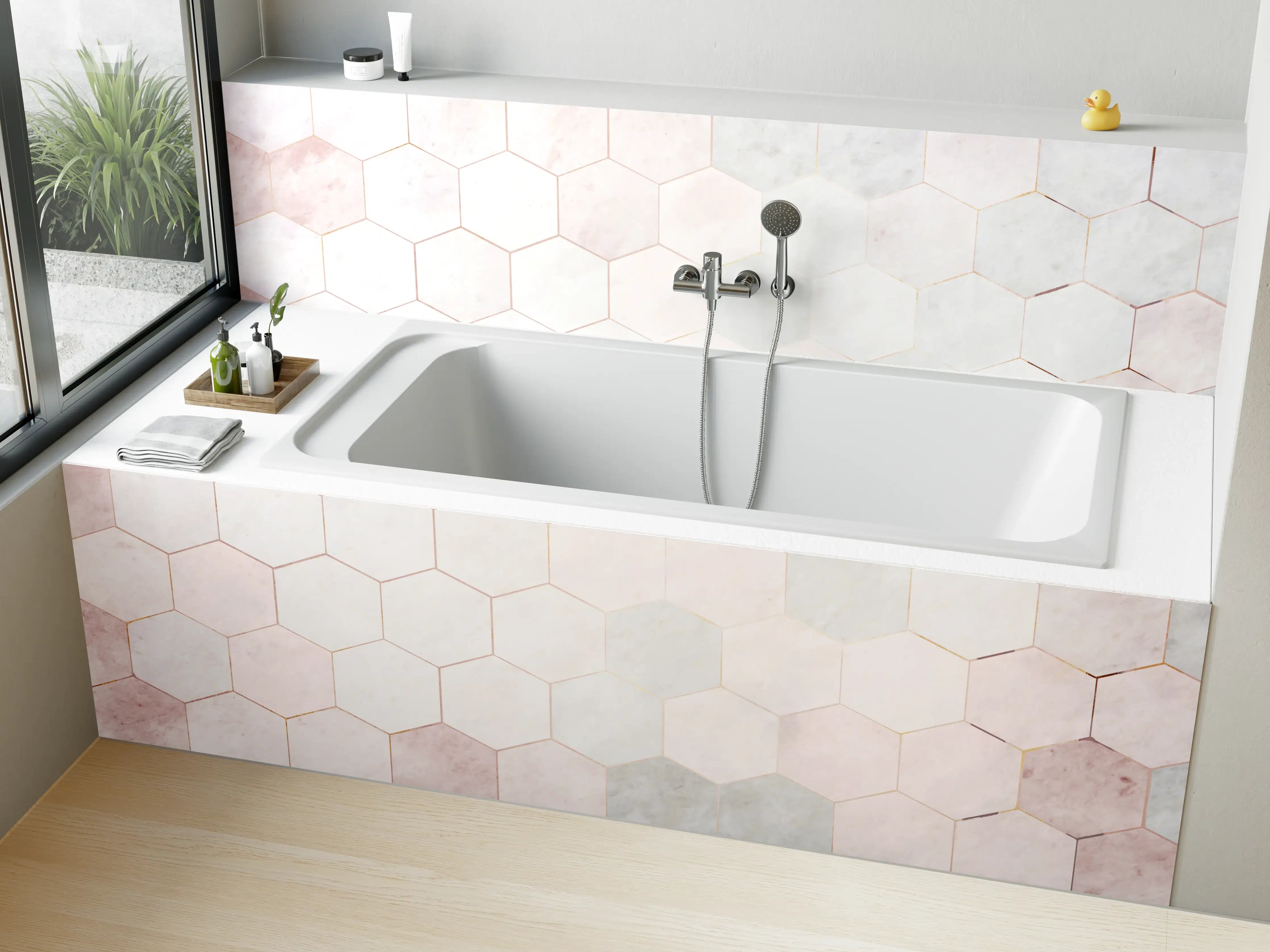 Badewannen-Rückwand - Sechseck rosa Marmor Muster 