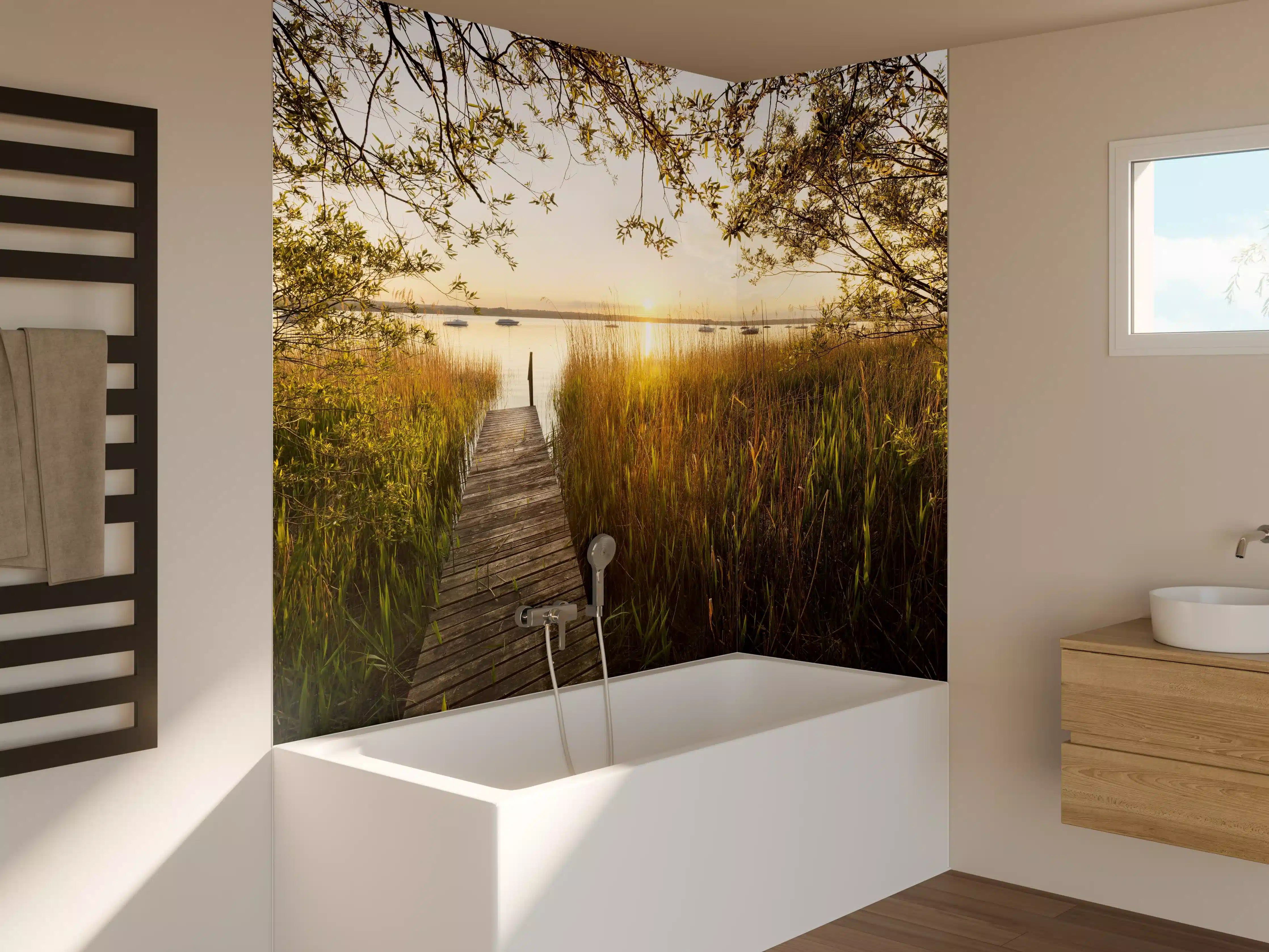 Badewannen-Rückwand - See in Bayern bei Sonnenuntergang