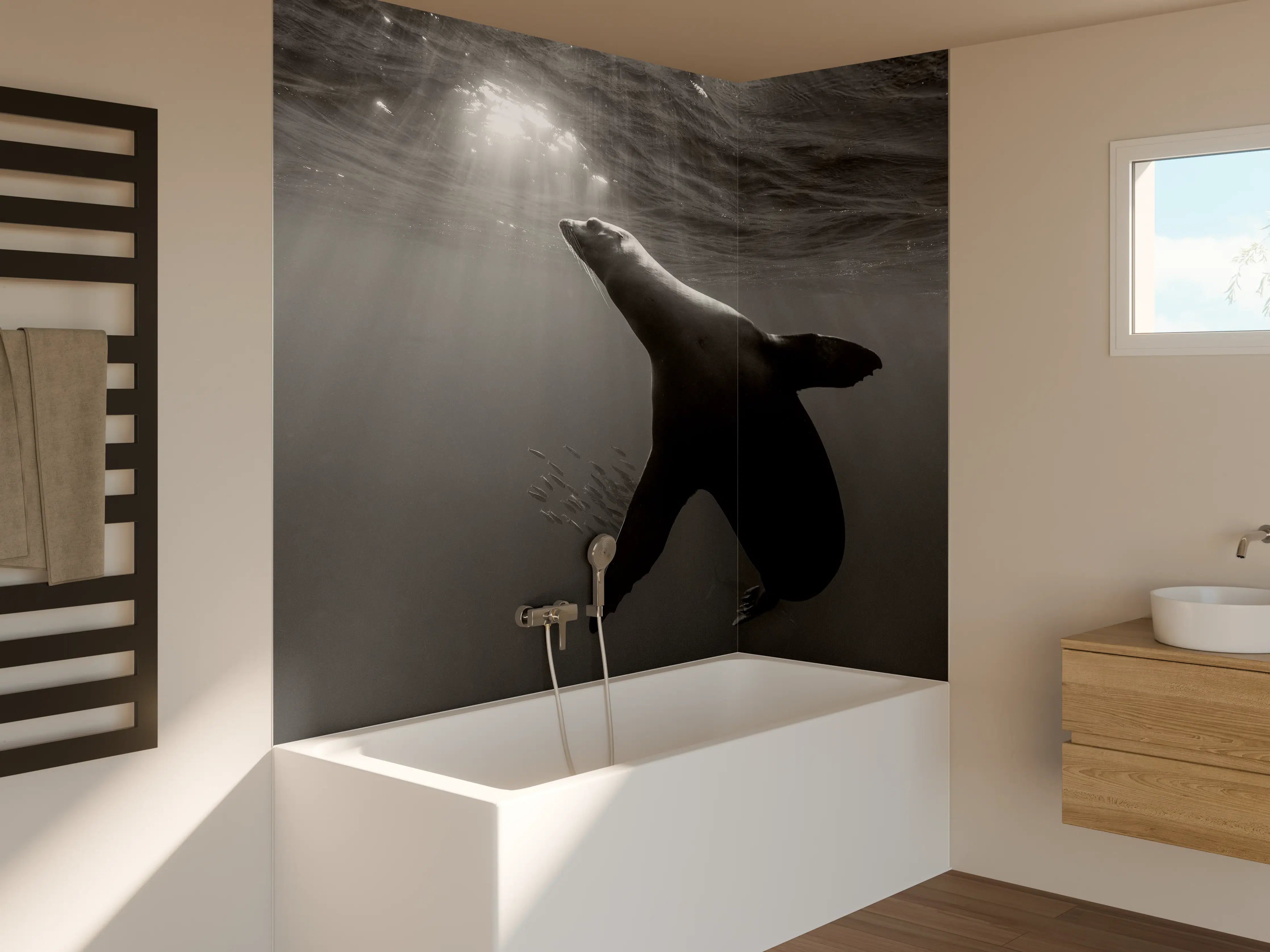 Badewannen-Rückwand - Seelöwe beim Fressen von Sardinen