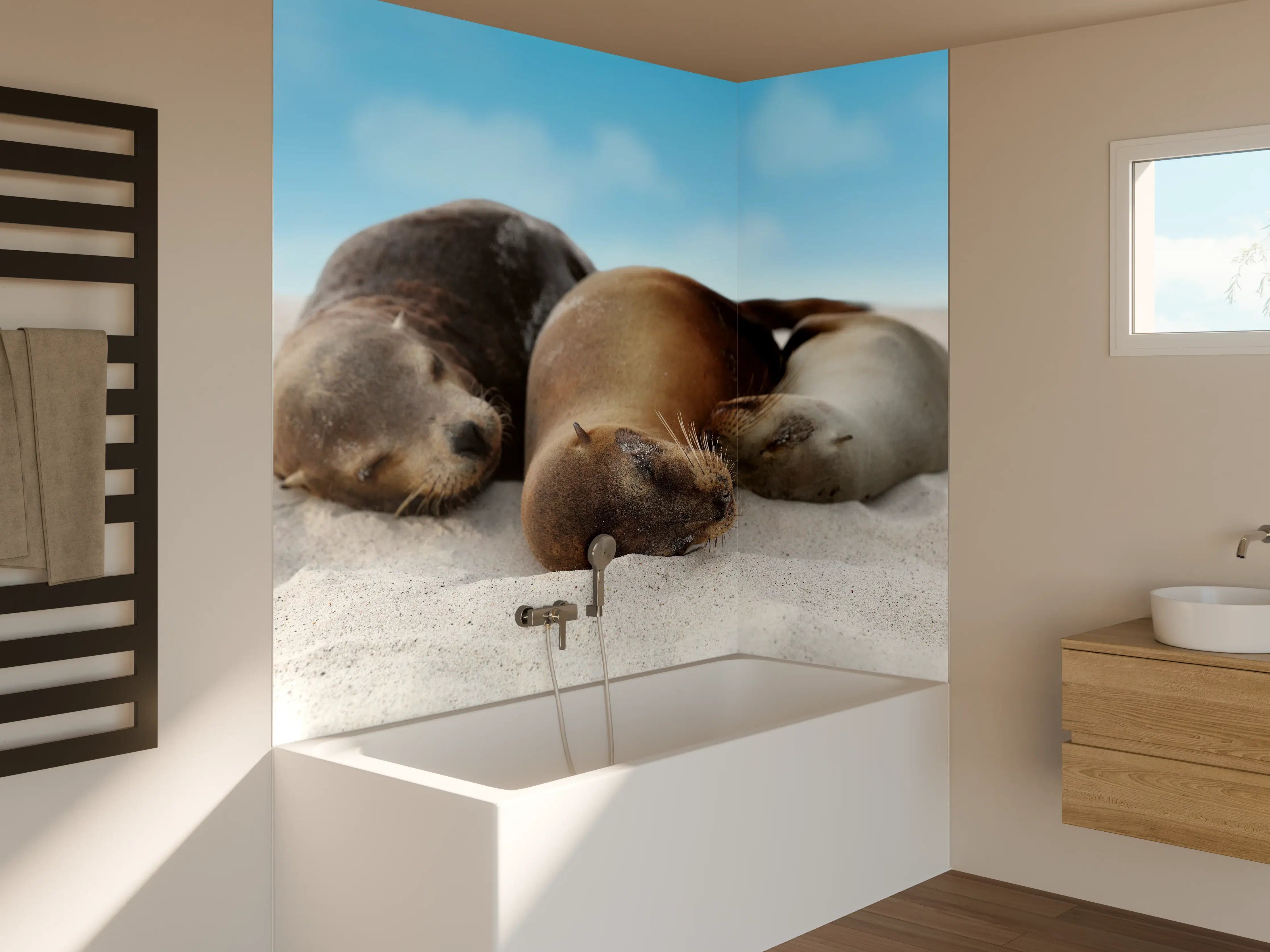 Badewannen-Rückwand - Seelöwen im Sand liegend