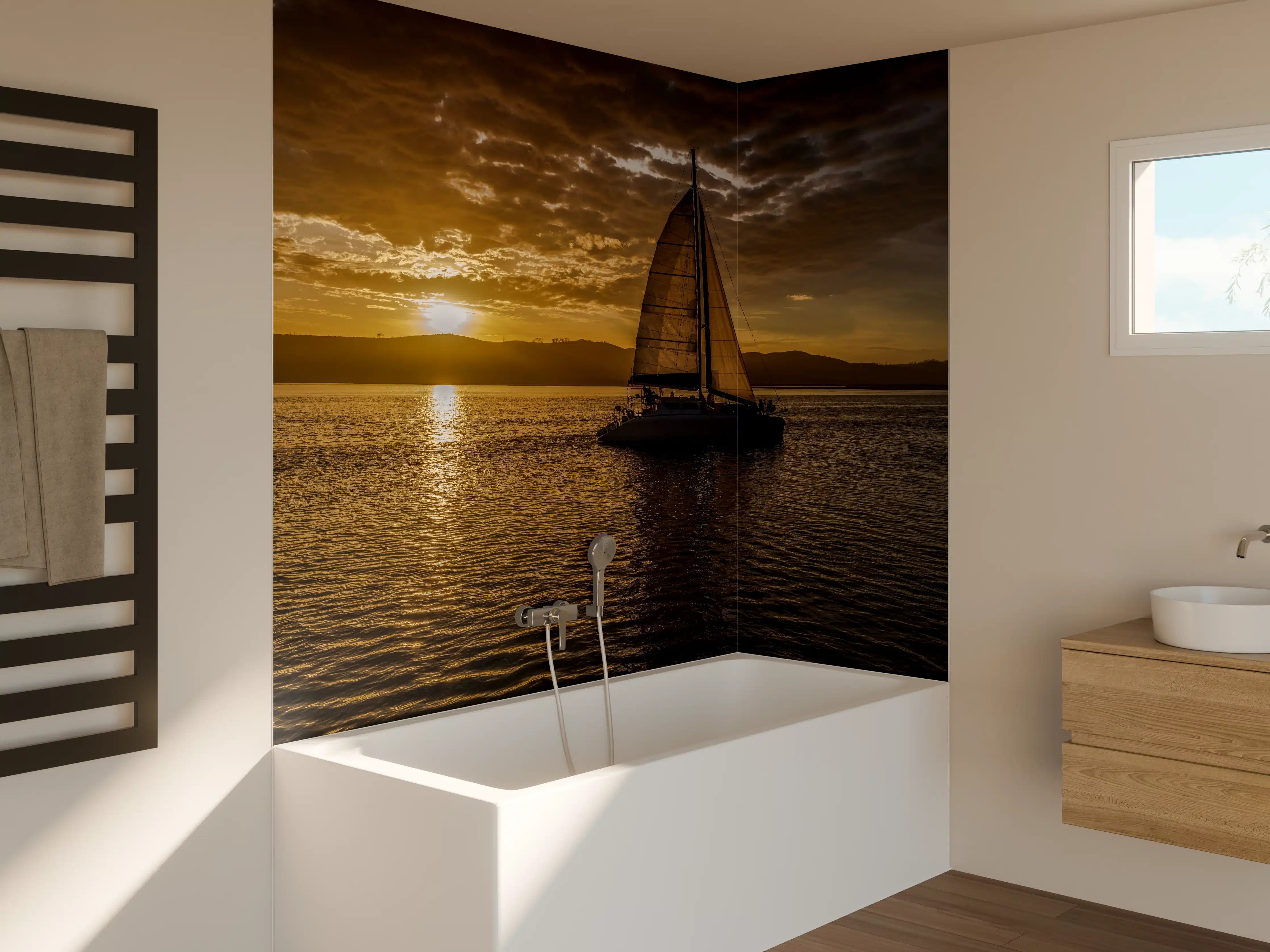 Badewannen-Rückwand - Segelboot bei Sonnenuntergang in der Lagune von Knysna