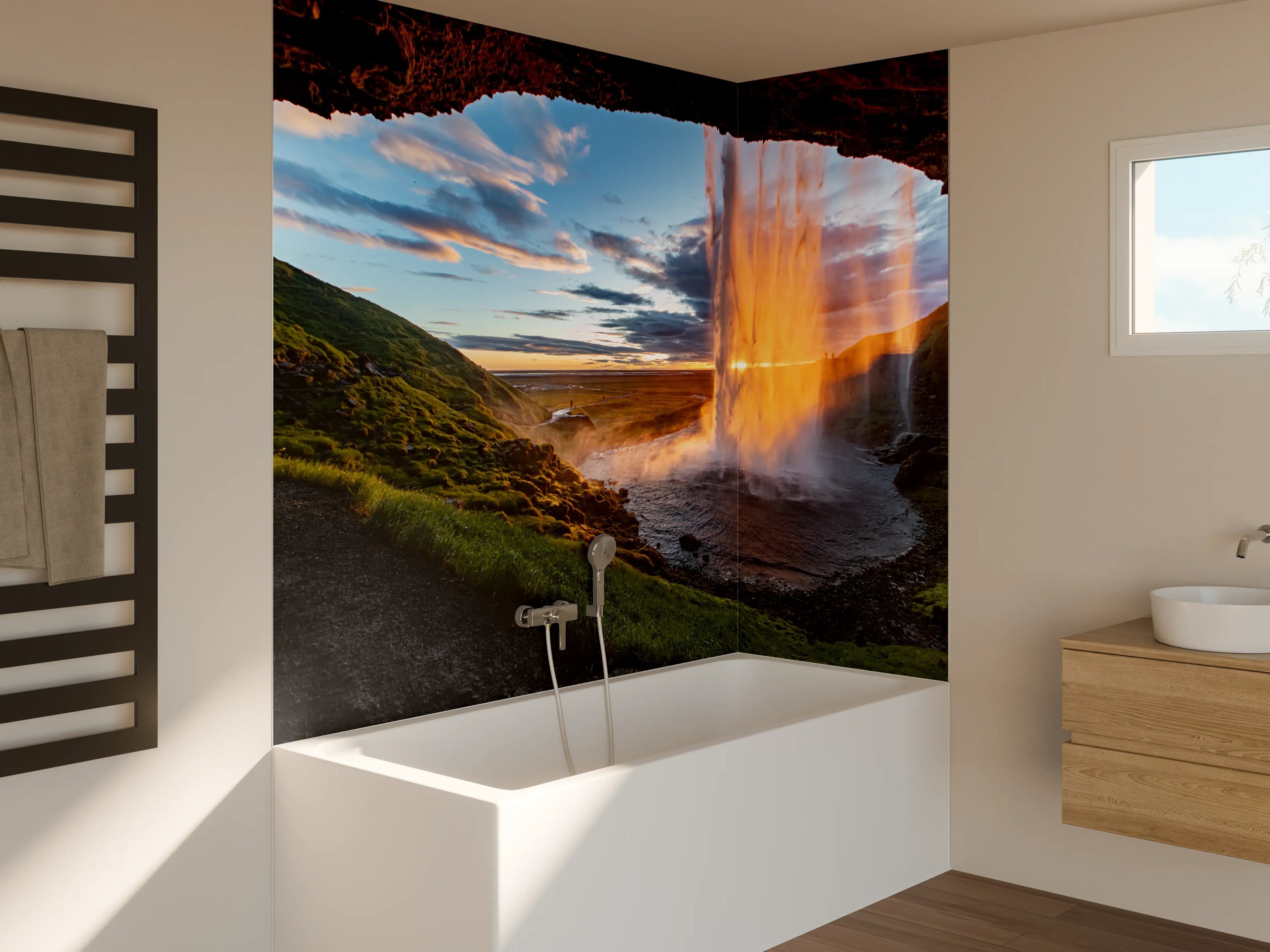 Badewannen-Rückwand - Seljalandsfoss Wasserfall in Island bei Sonnenuntergang