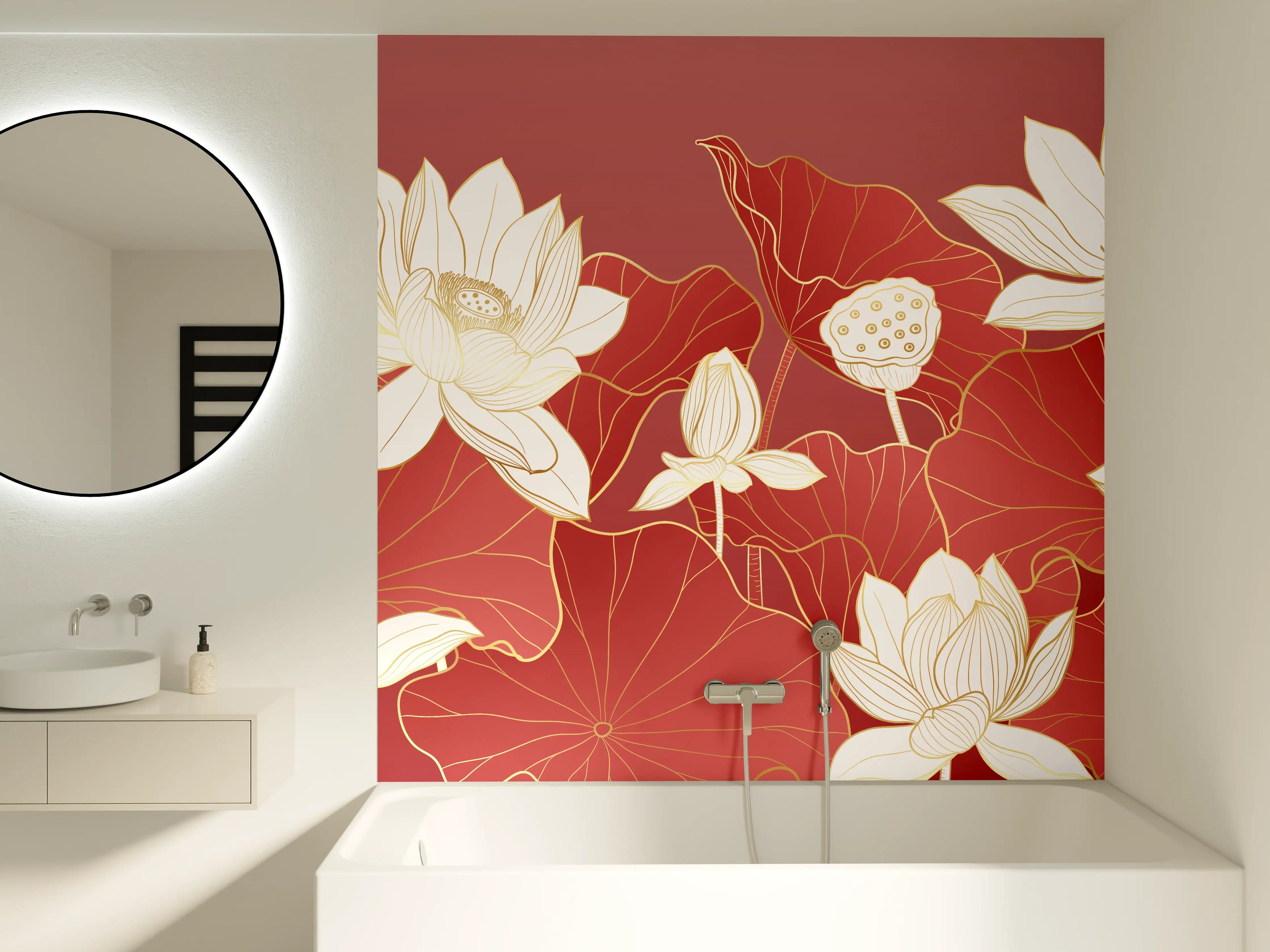 Badewannen-Rückwand - Silberne Lotus auf rubinrotem Grund