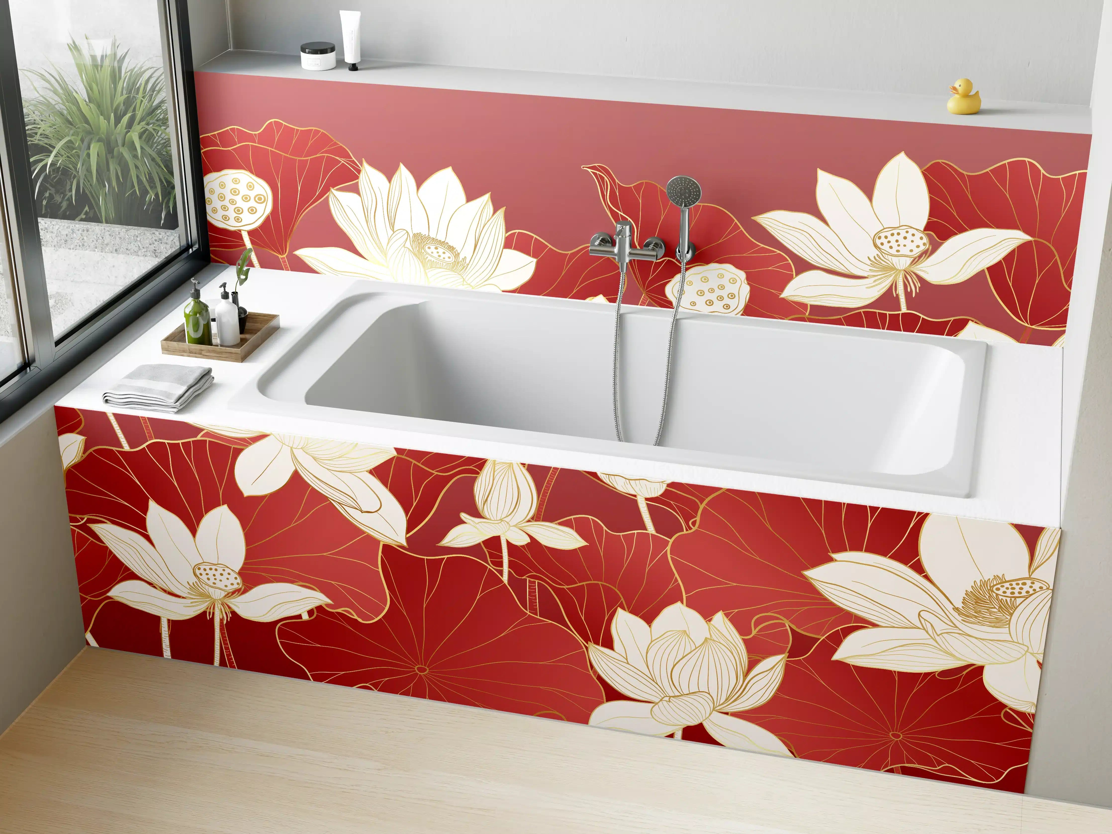 Badewannen-Rückwand - Silberne Lotus auf rubinrotem Grund