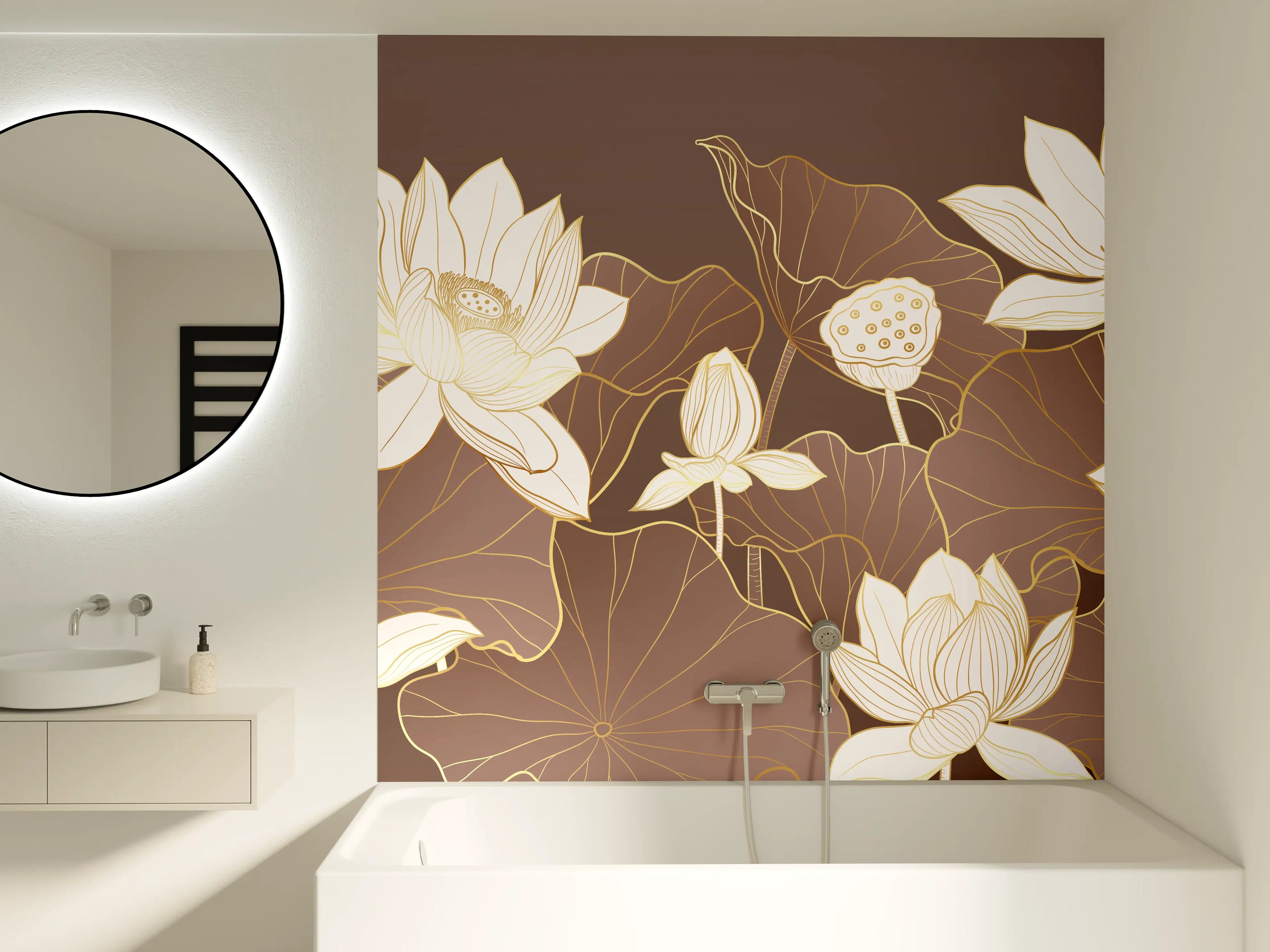 Badewannen-Rückwand - Silberne Lotusblumen auf dunklem Grund