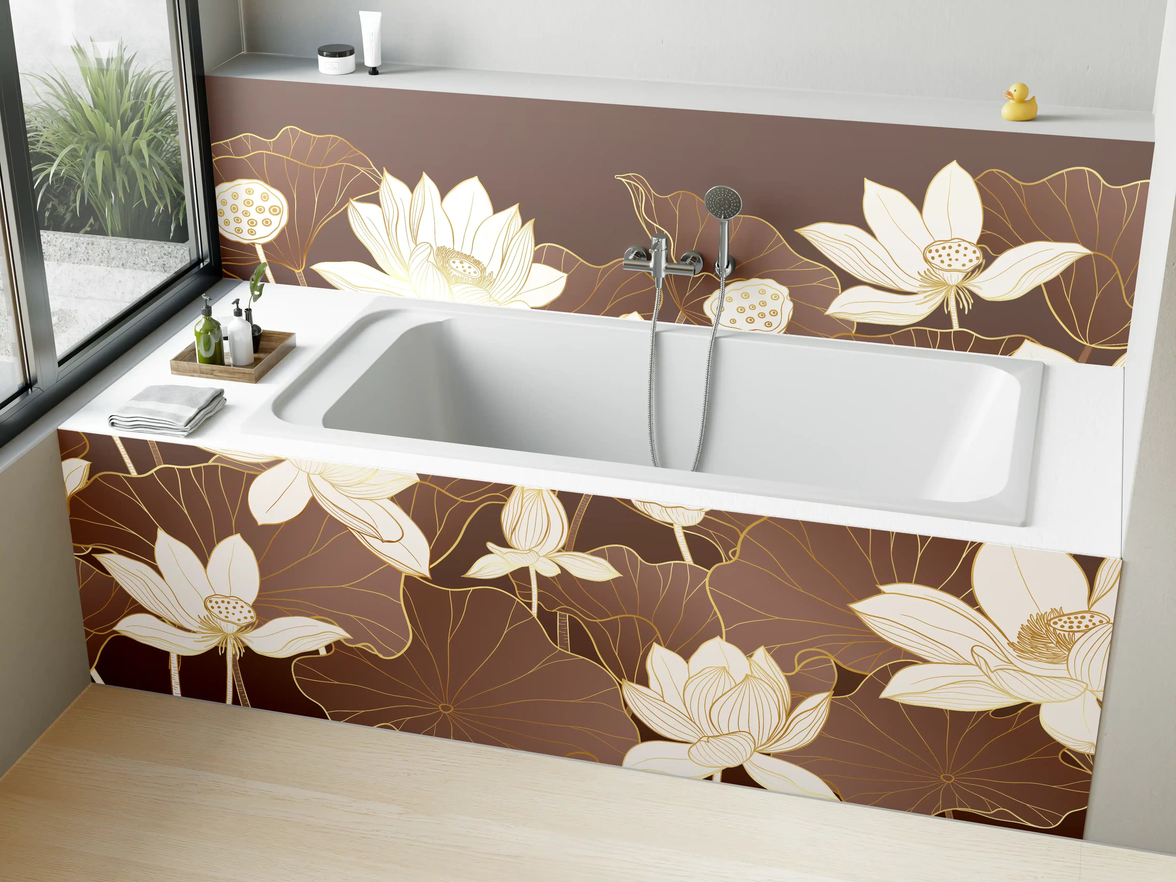 Badewannen-Rückwand - Silberne Lotusblumen auf dunklem Grund