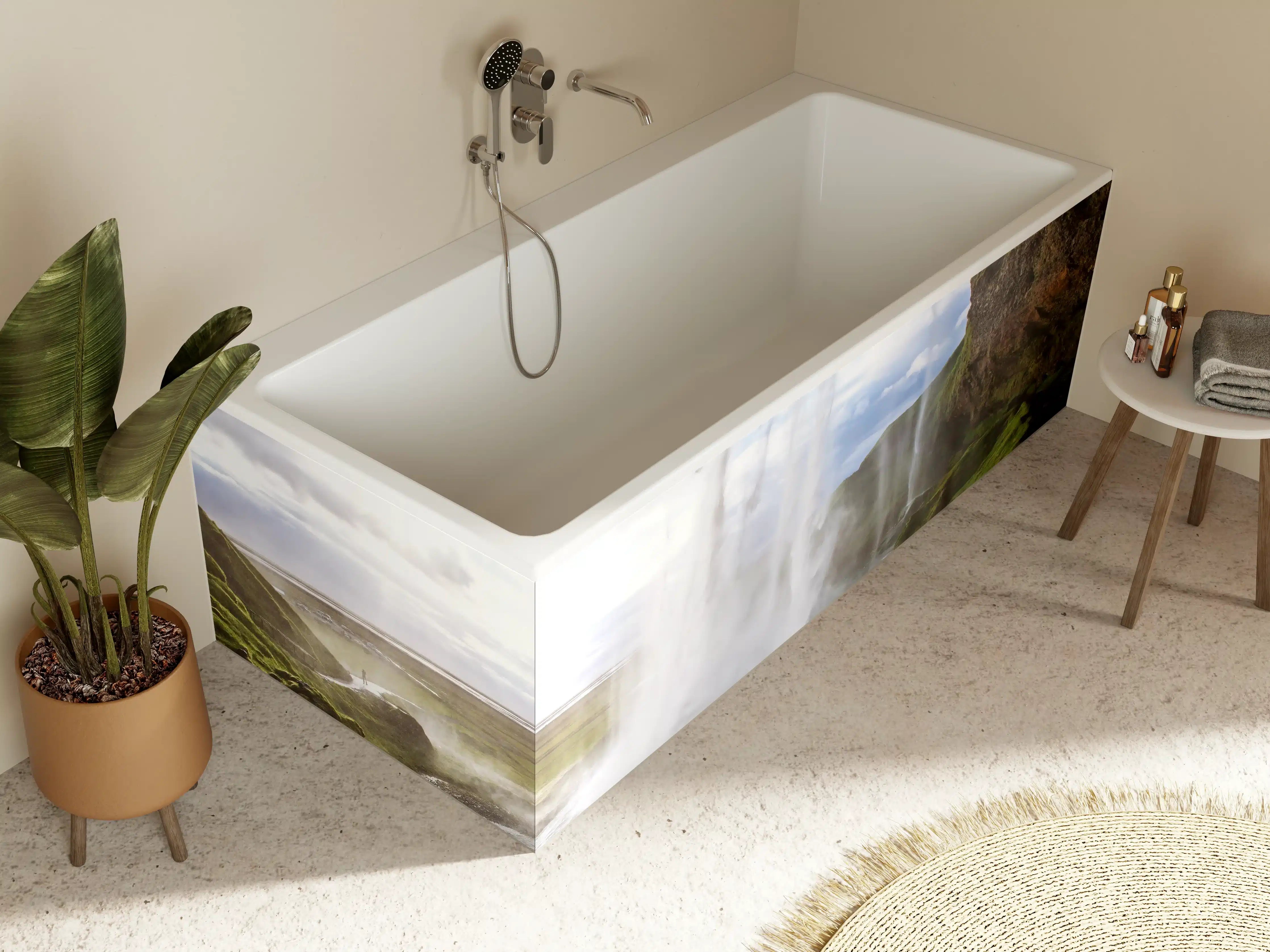 Badewannen-Rückwand - Silbriger Wasserfall im Nebel