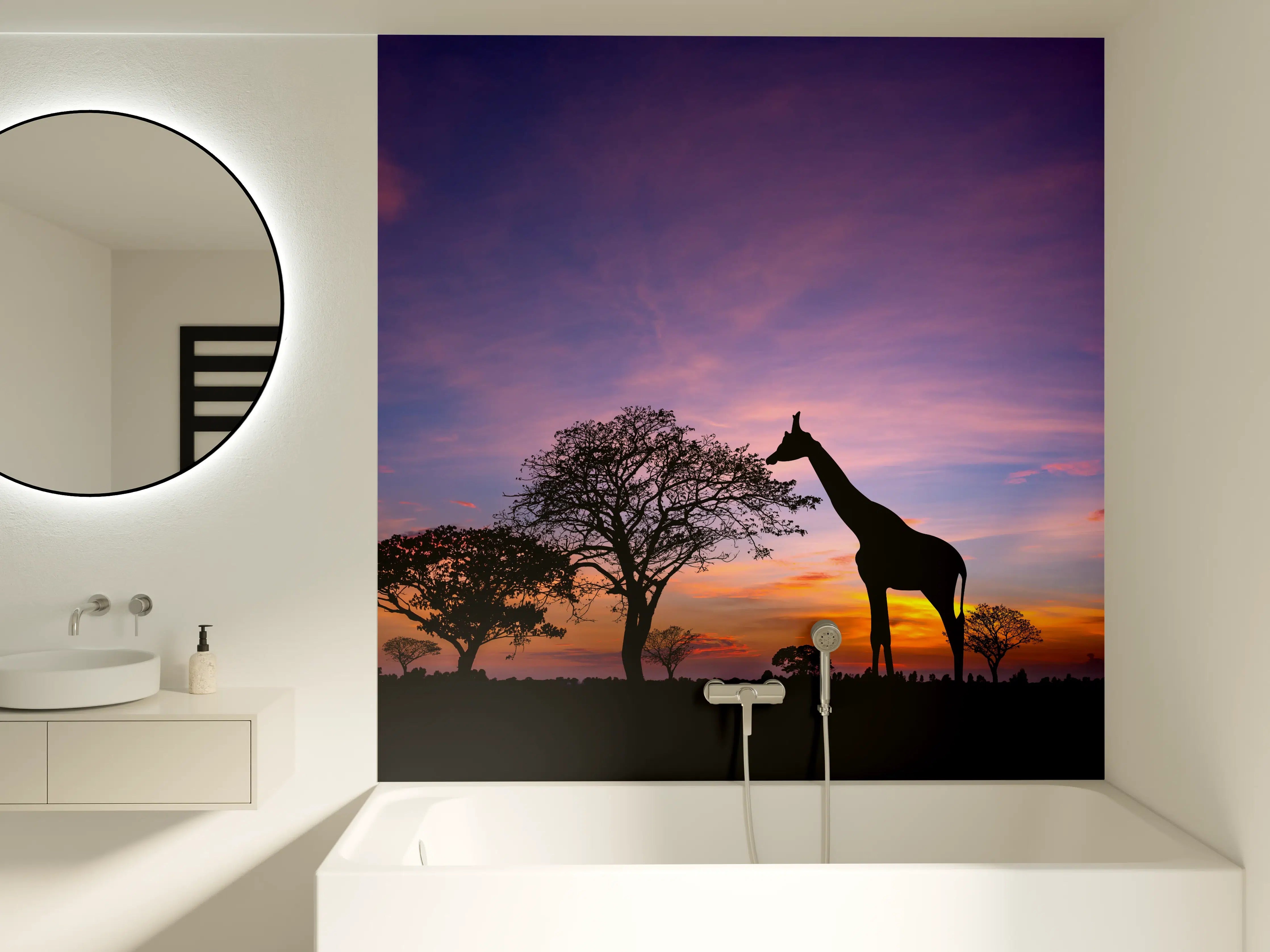 Badewannen-Rückwand - Silhouette - Giraffenfamilie bei Sonnenuntergang