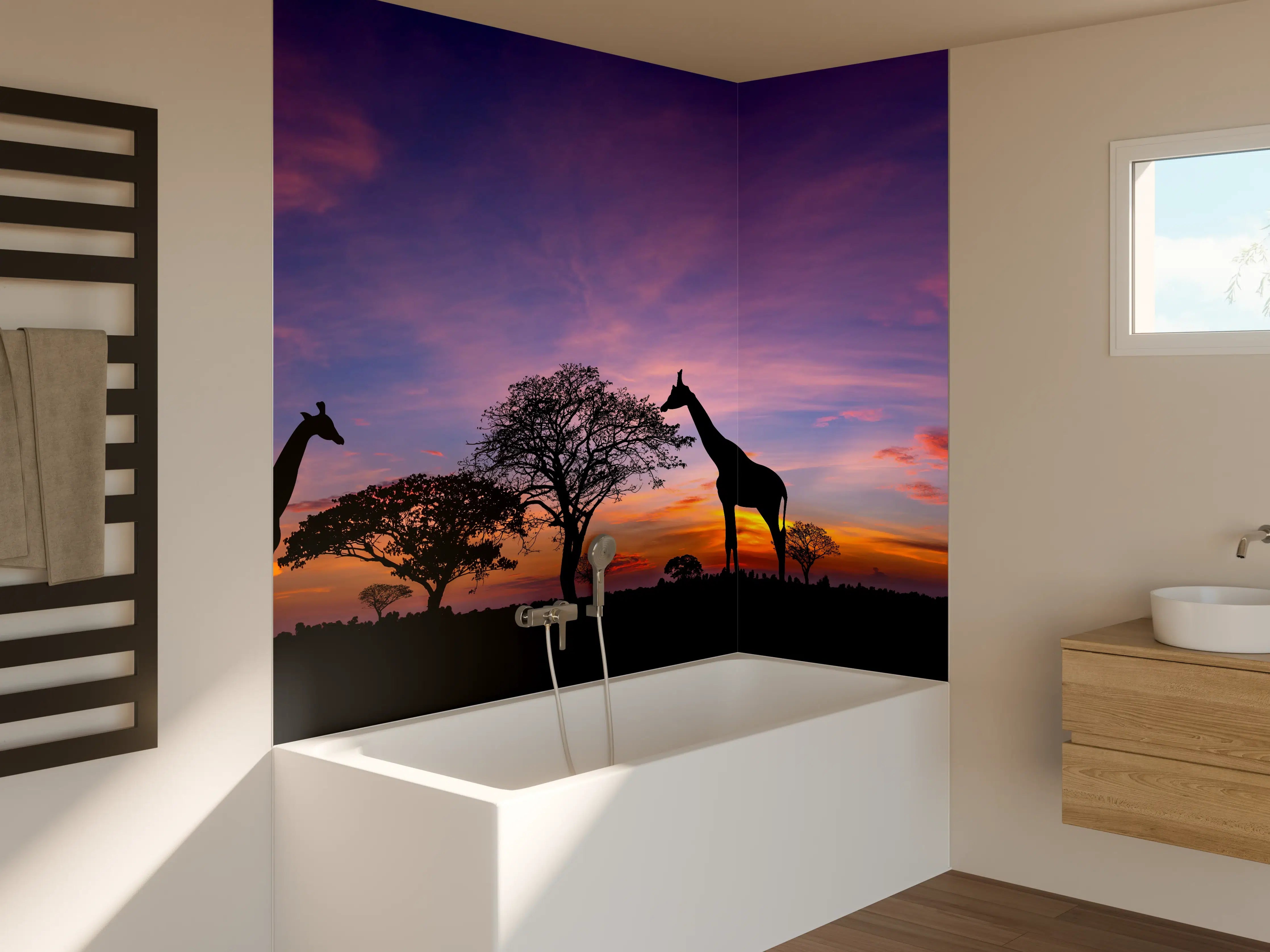 Badewannen-Rückwand - Silhouette - Giraffenfamilie bei Sonnenuntergang