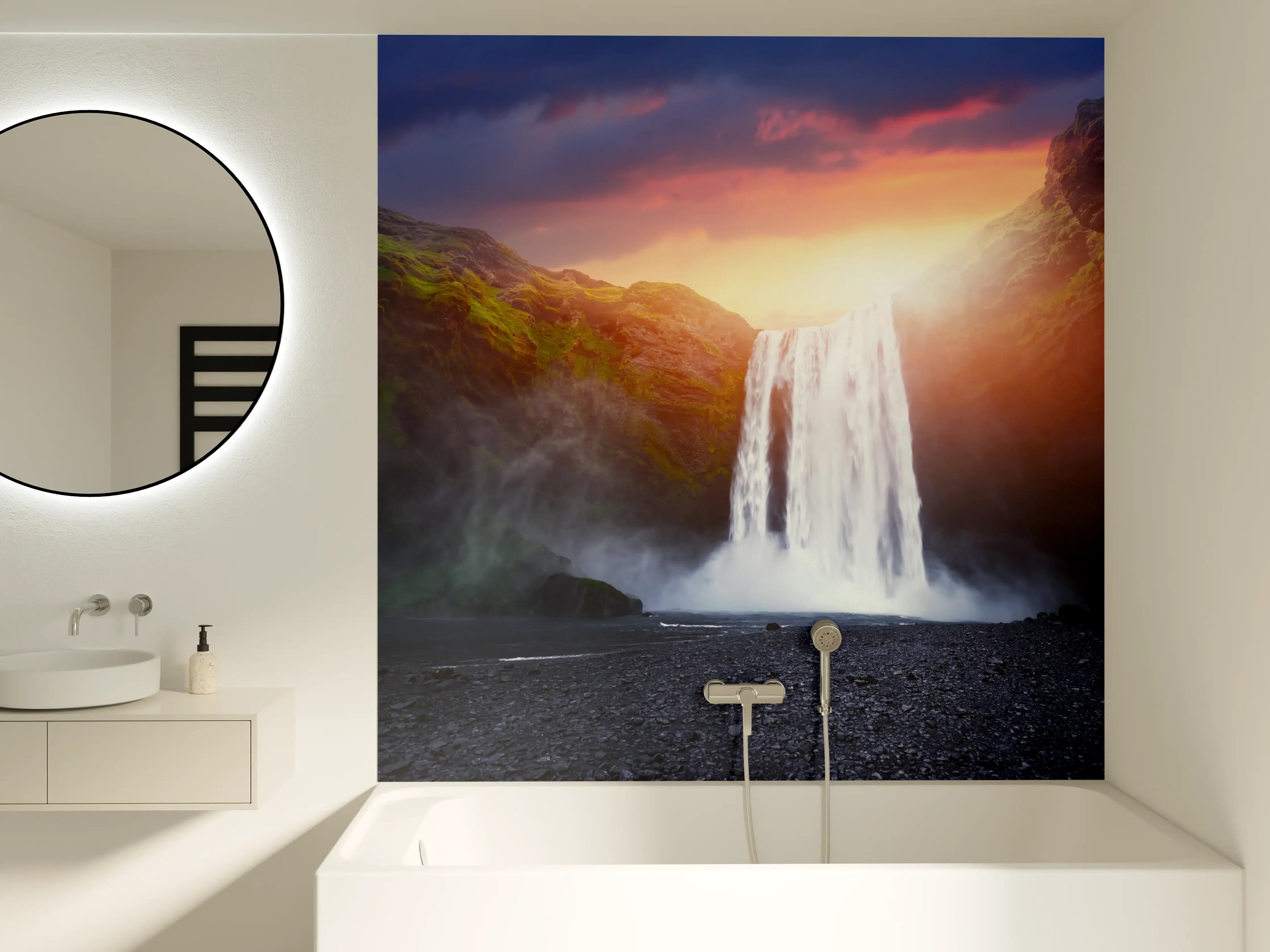 Badewannen-Rückwand - Skogafoss Wasserfall bei Sonnenuntergang