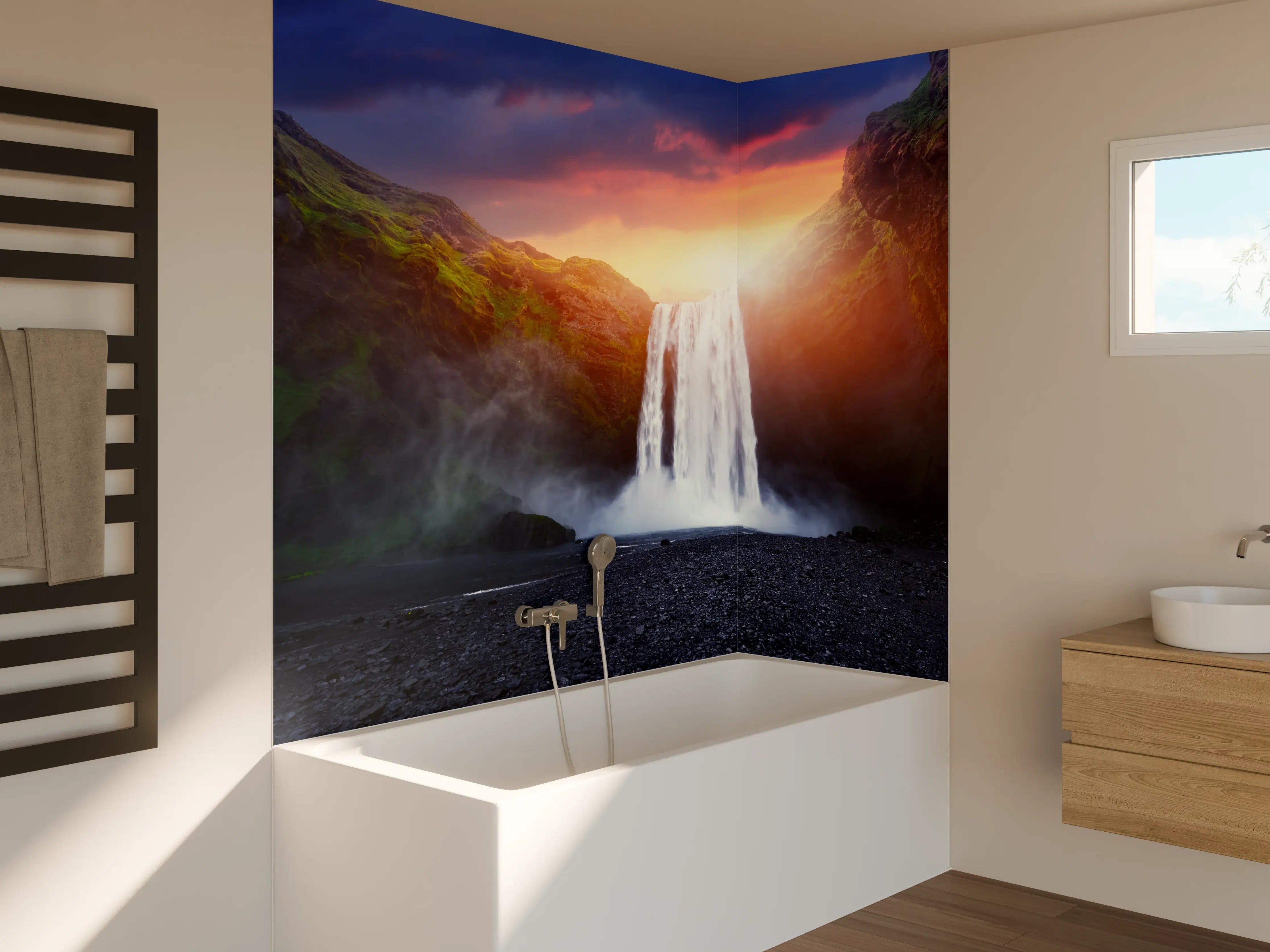 Badewannen-Rückwand - Skogafoss Wasserfall bei Sonnenuntergang