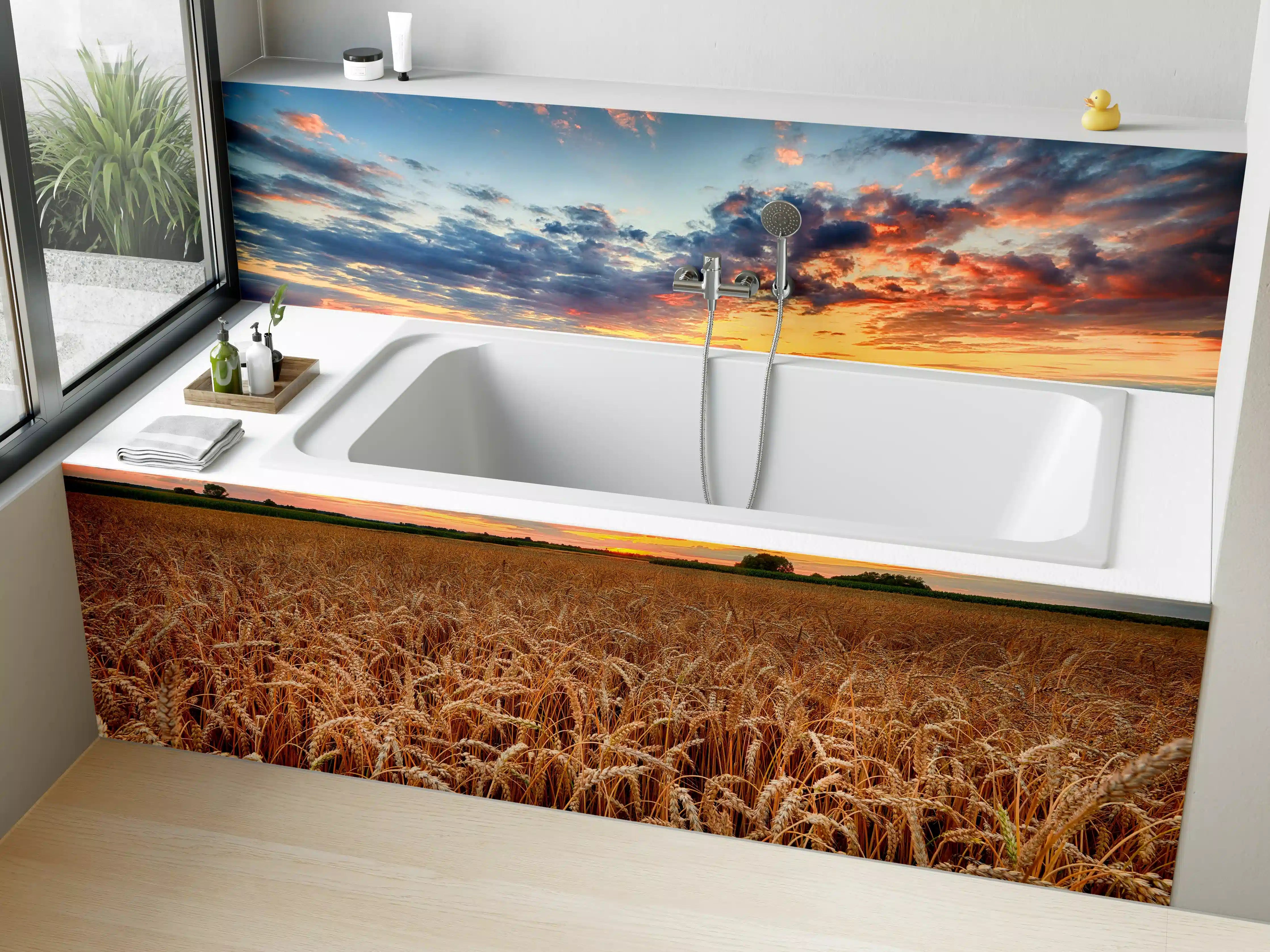 Badewannen-Rückwand - Sommer-Sonnenaufgang über Weizenfeldern in der Ukraine