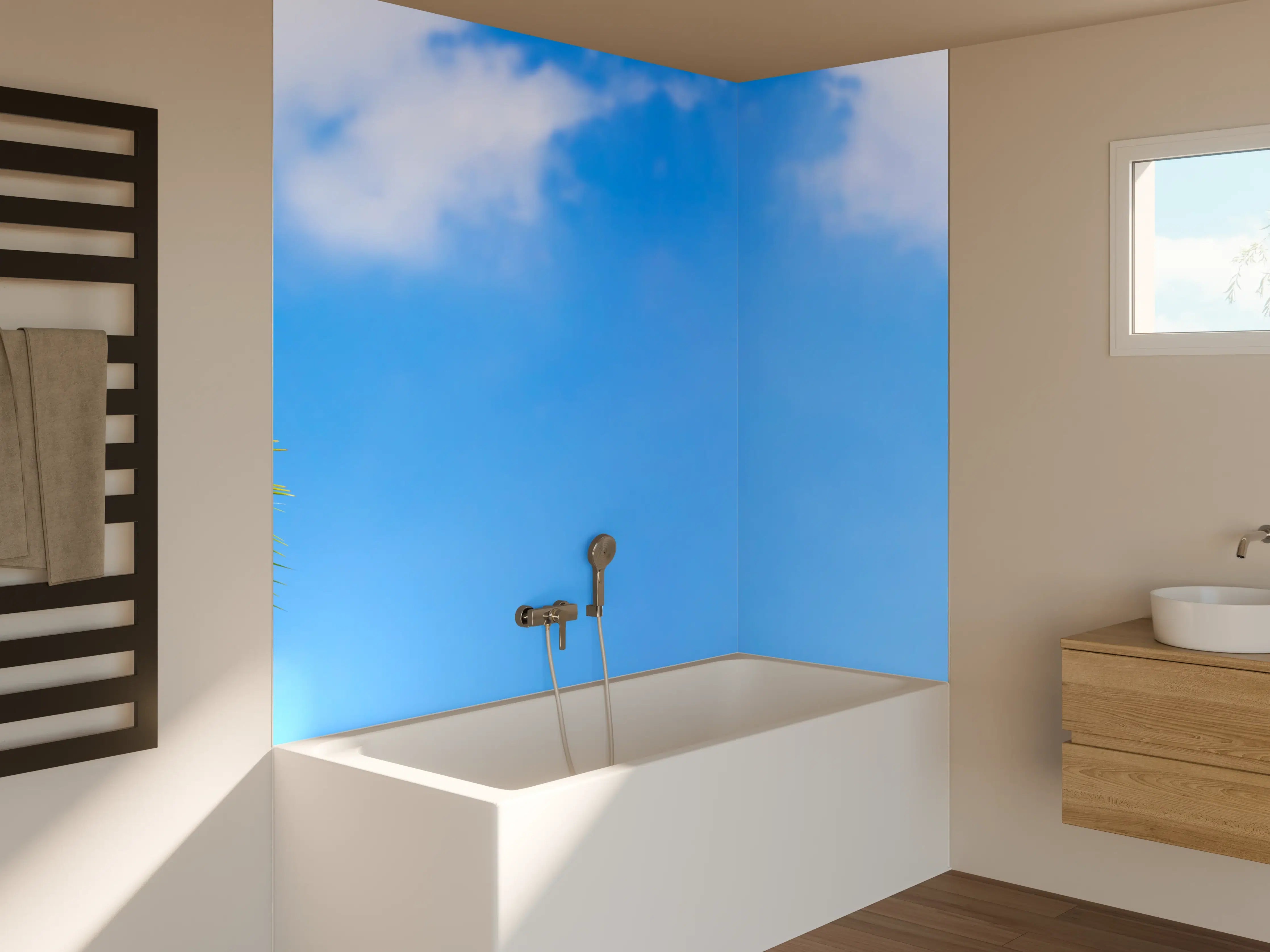 Badewannen-Rückwand - Sonne strahlt auf Palme