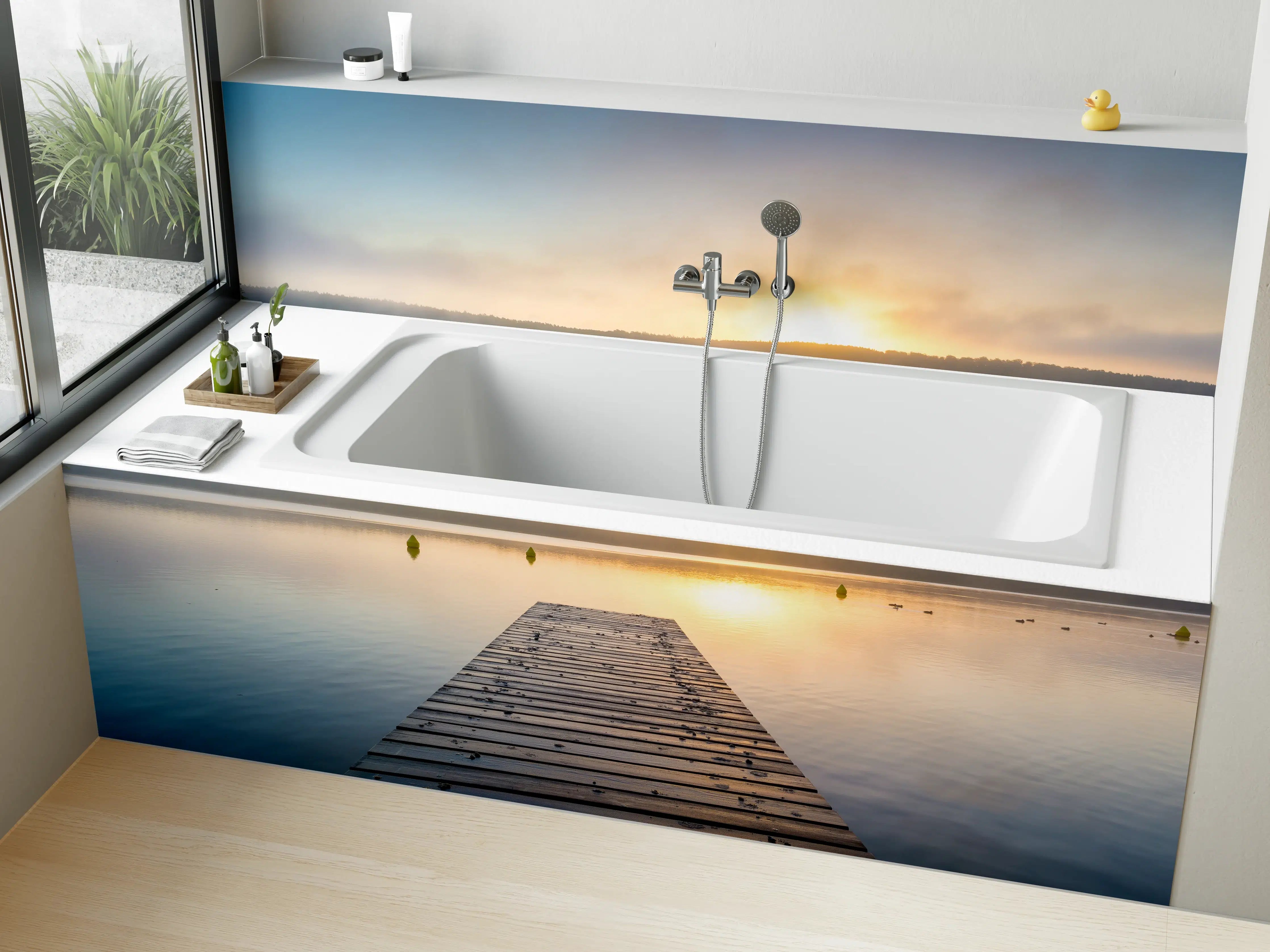 Badewannen-Rückwand - Sonnenaufgang am See mit Nebel