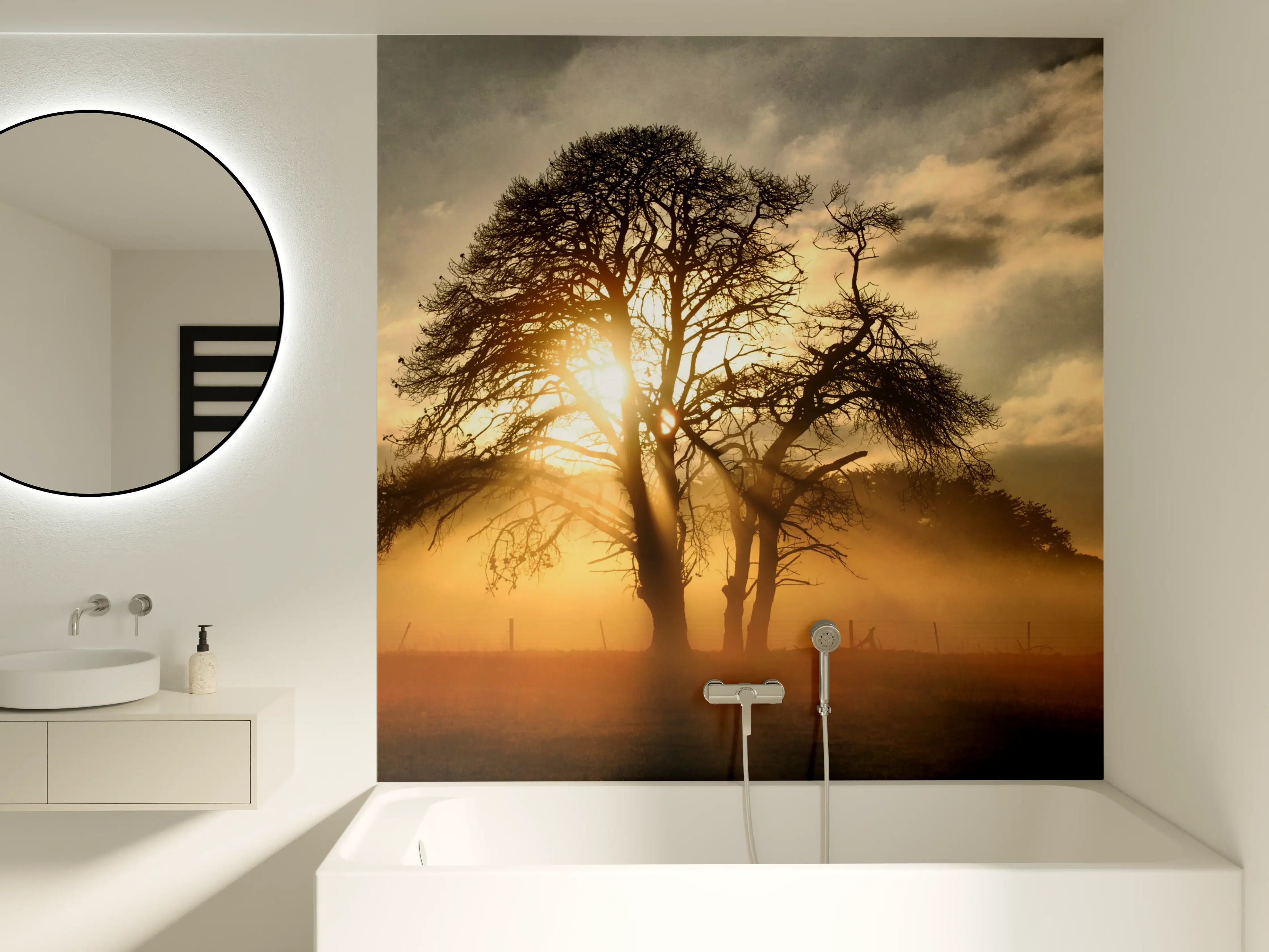 Badewannen-Rückwand - Sonnenaufgang bei Baumlandschaft